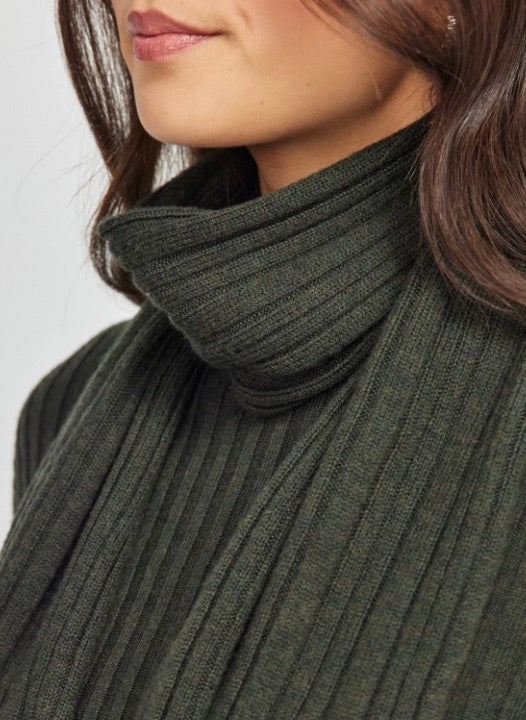 Merino Silk Ribbed Scarf from New Zealand in Forested Green