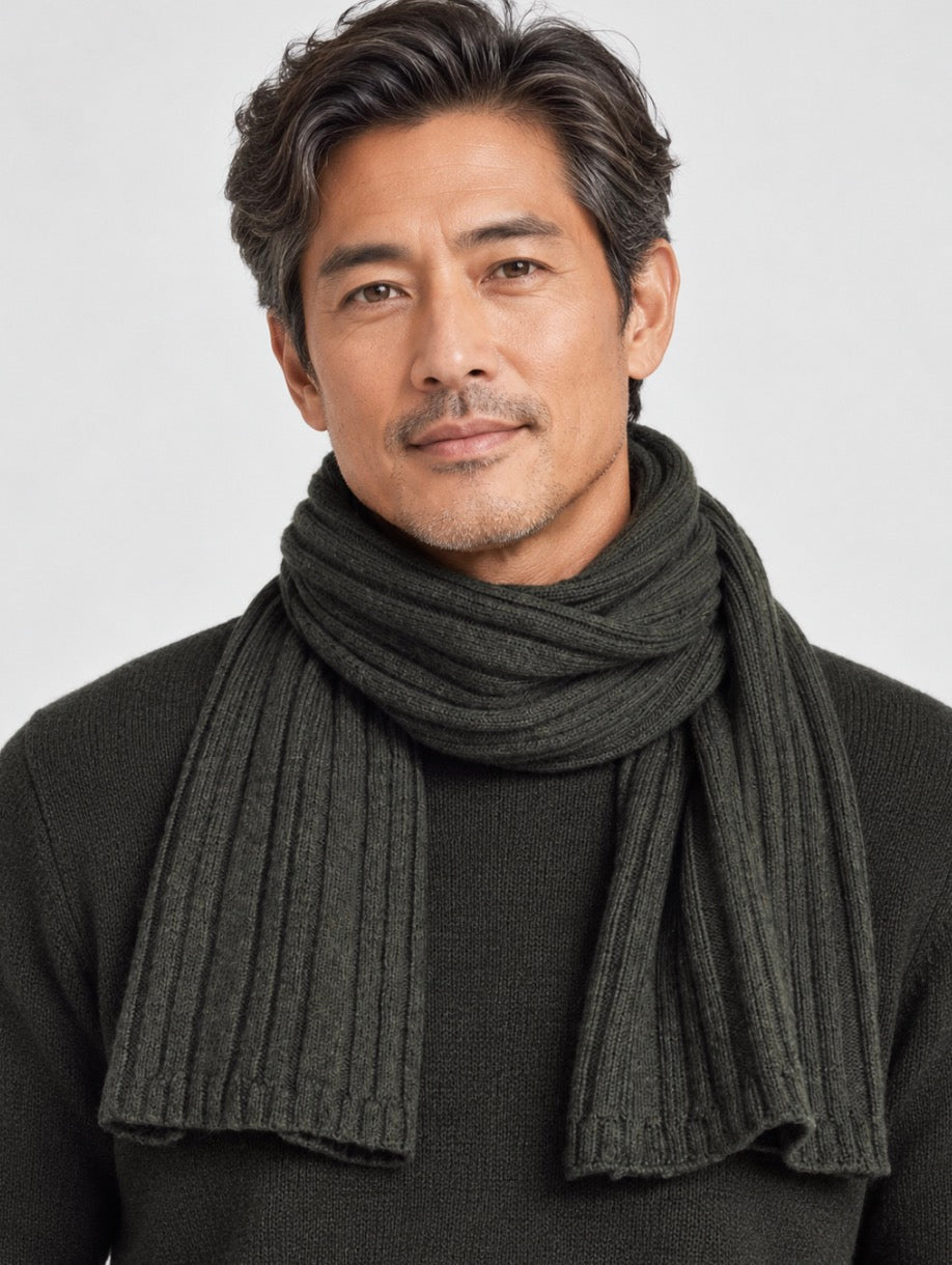 Merino Silk Ribbed Scarf from New Zealand in Forested Green