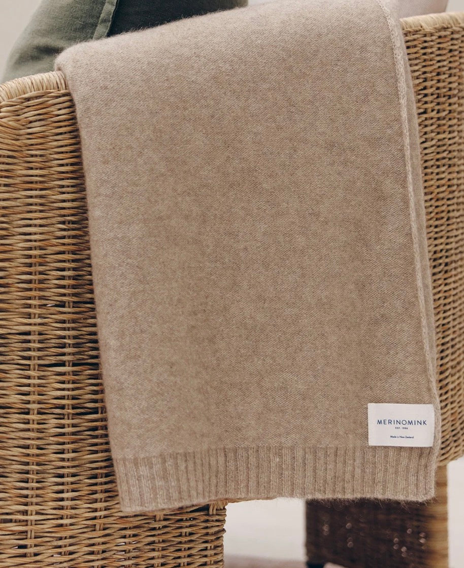 Latte merino silk blend throw from New Zealand