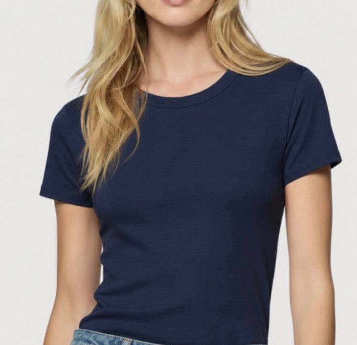 Biba Washable Cashmere Crew Tee in Marine Blue and Charcoal Anthracite