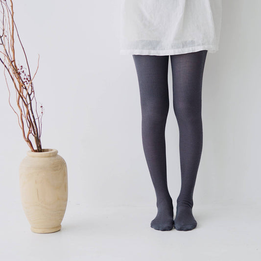 NISHIGUCHI KUTSUSHITA - HK0502 Silk Cotton Ribbed Tights: Charcoal / M-L