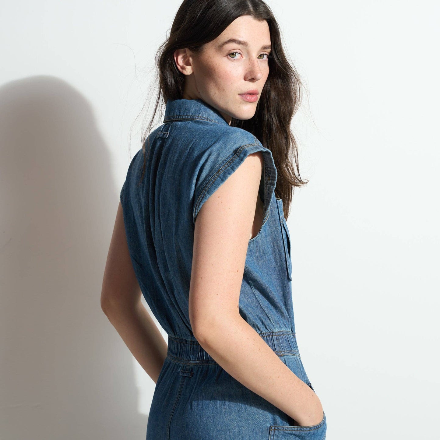 Japanese Fluid Denim Jumpsuit: Raw Indigo / S