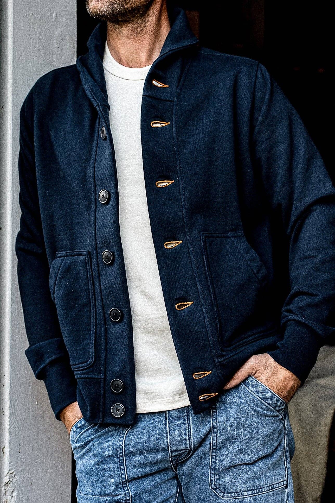 Bodega Cardigan  14oz 100% Cotton French Terry - Navy: Navy / M