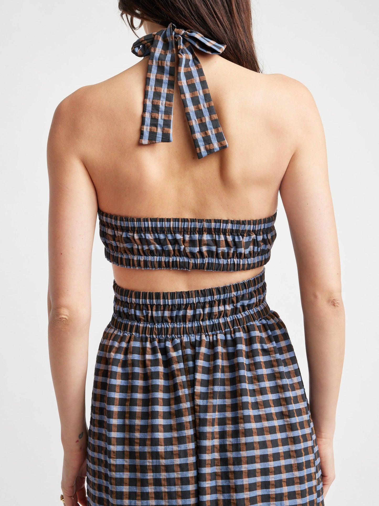 Self Contrast - Isolde Maxi Cut Out Dress: Blue Brown Checkers / S