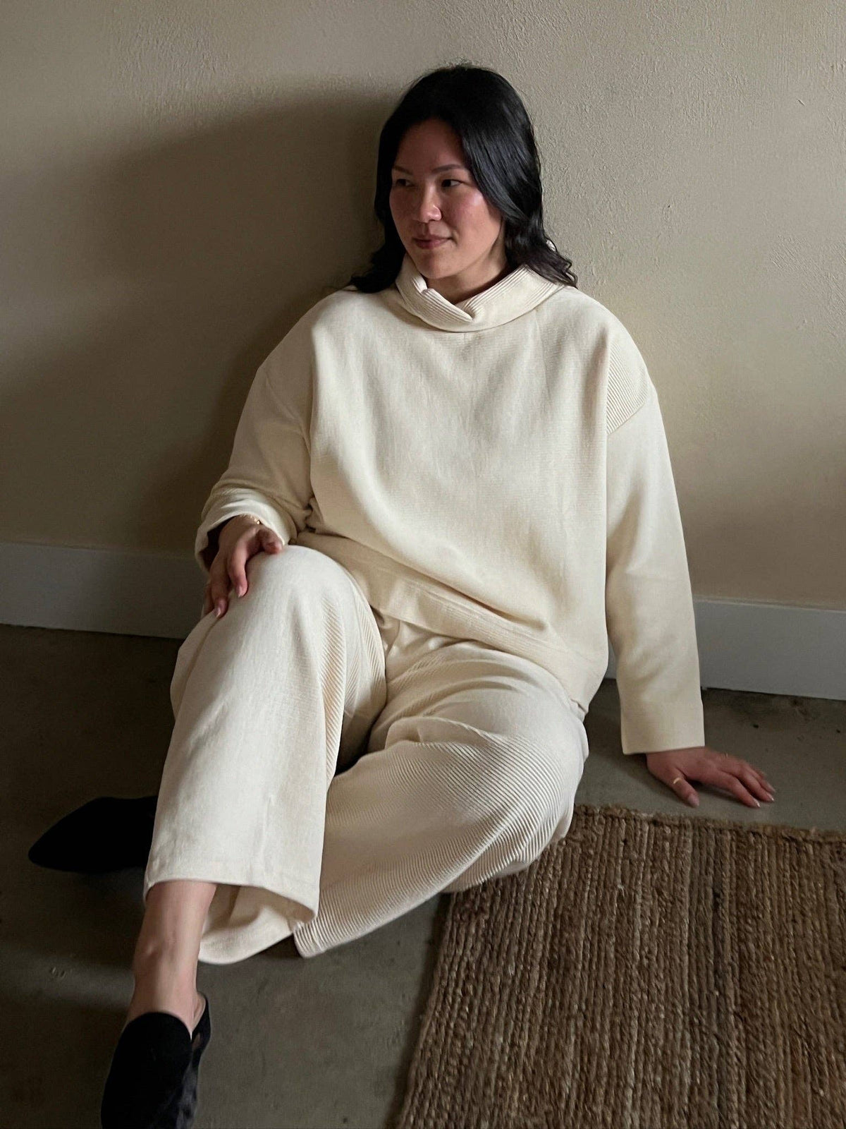 Mia Rippled Cotton Pullover - Cream and Faded Black