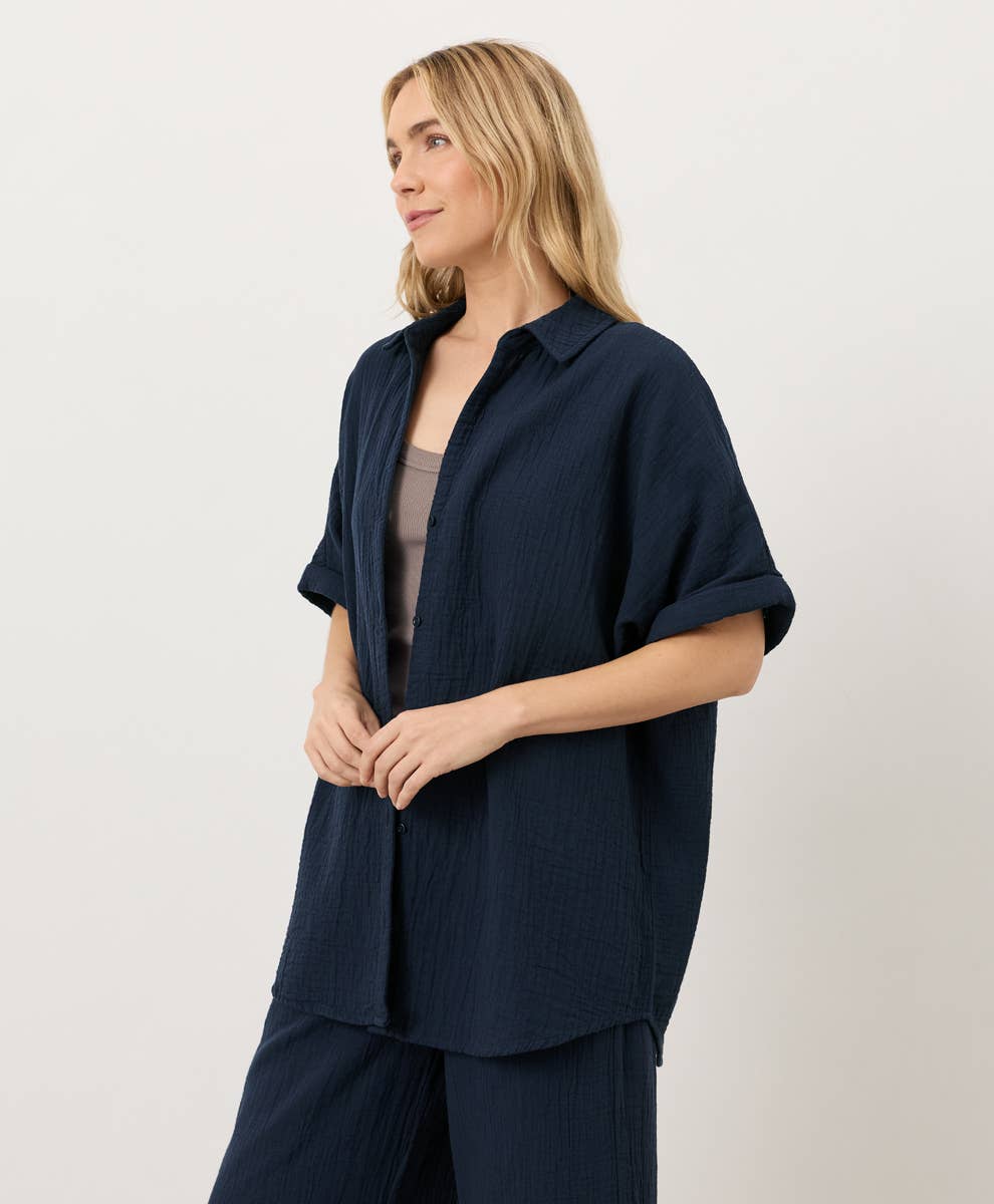 Pact - Women's Coastal Double Gauze Relaxed Shirt: Navy / Small