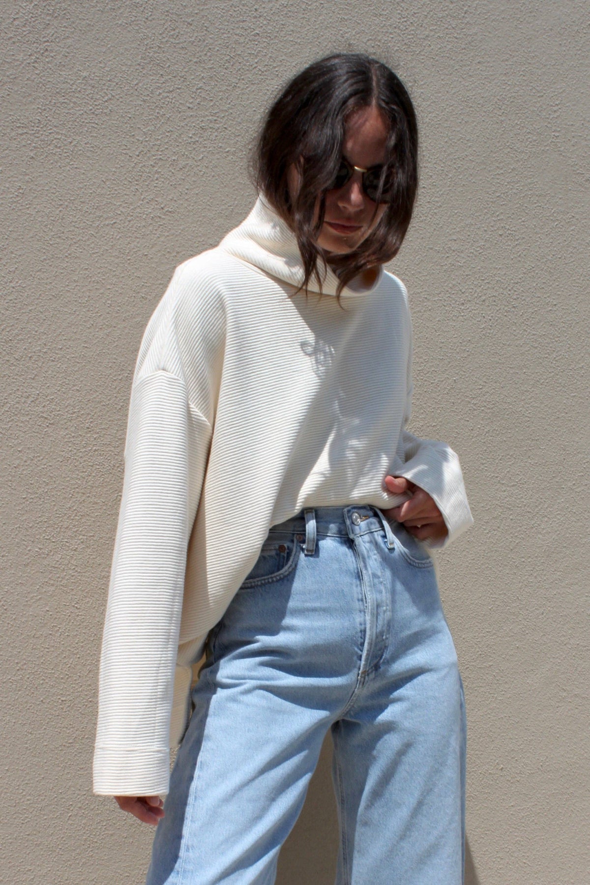 Mia Rippled Cotton Pullover - Cream and Faded Black