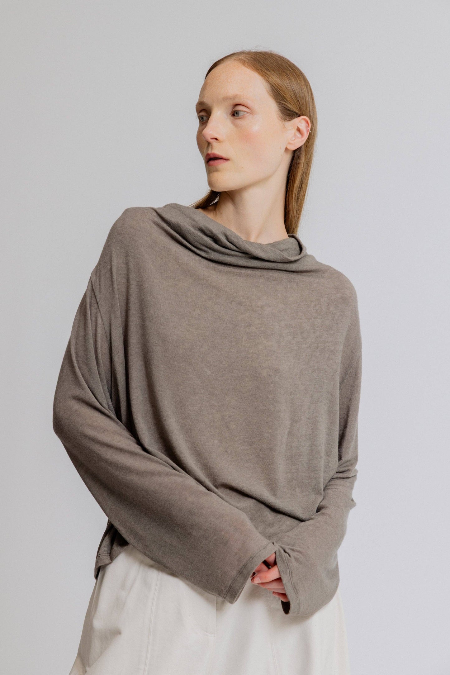 Draped Funnel Neck Stretch Jersey Top: Haze