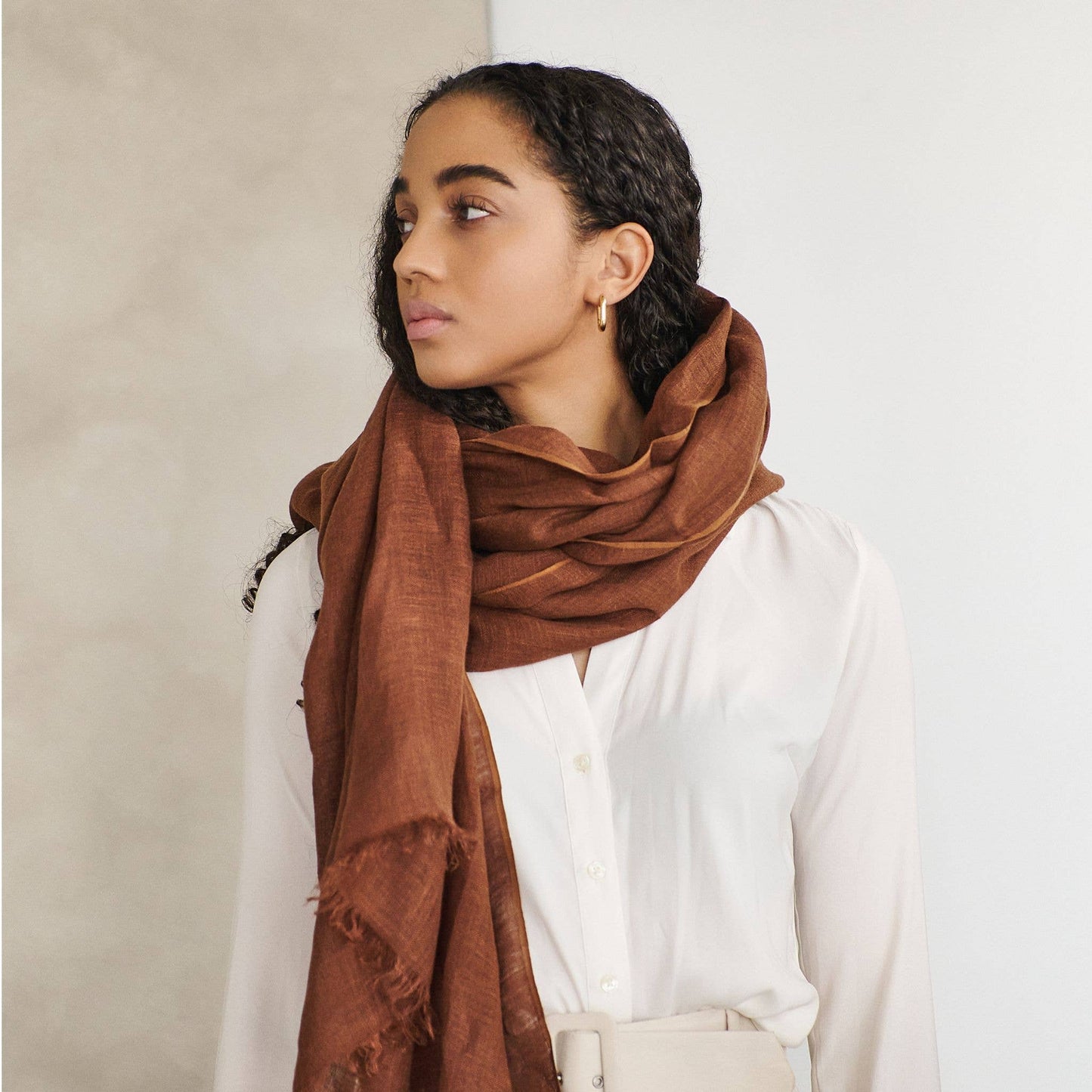 Coco Brown Soft Handwoven Modern Artisanal Linen Blend Scarf: Coco