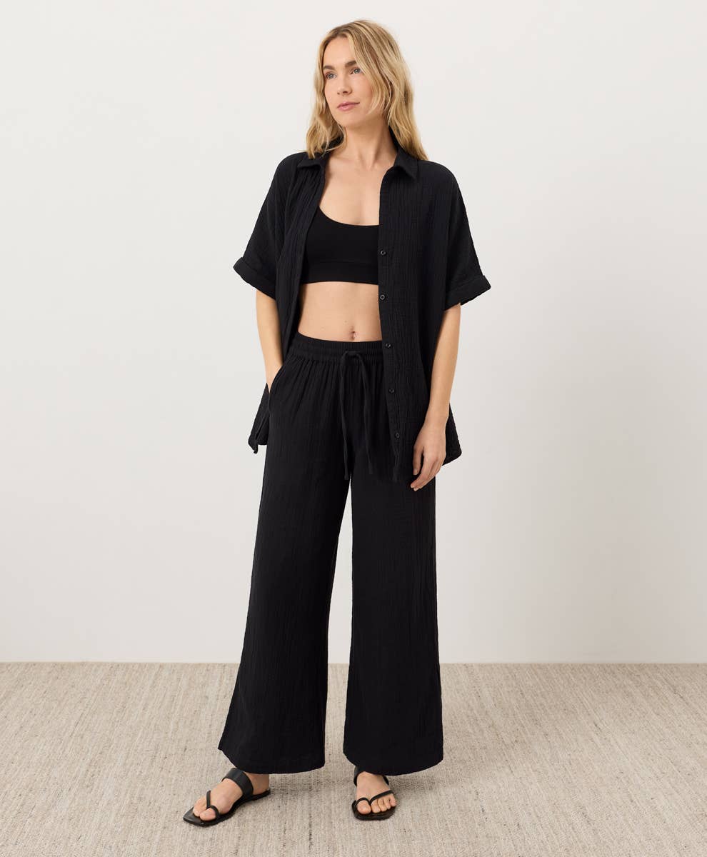 Coastal Double Gauze Split Hem Pant: Jet Black / Small
