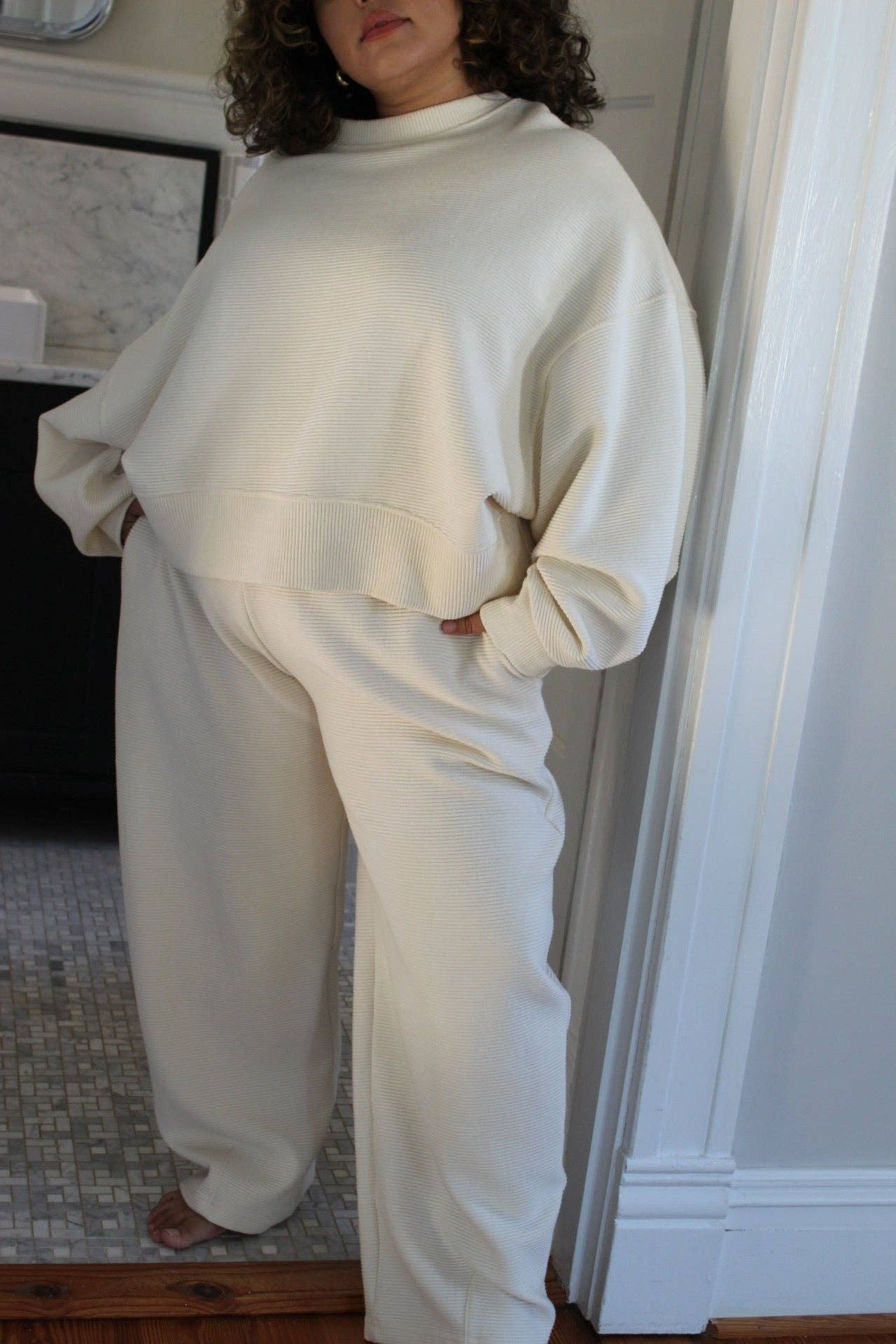 Marley Rippled Cotton Cropped Sweatshirt: Ecru or Onyx