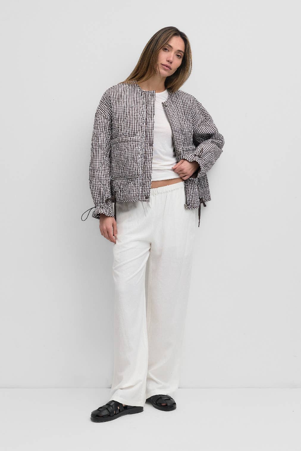 Quilted Gingham Cotton Cropper Jacket: Black / LARGE