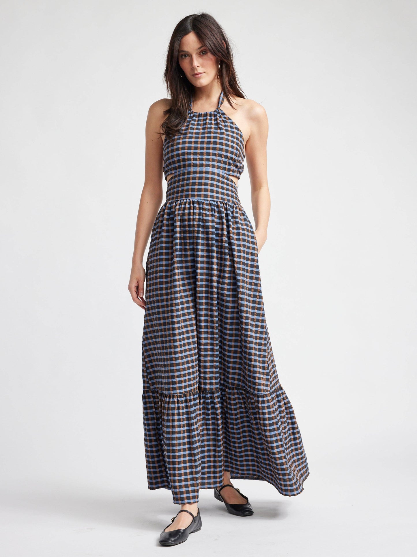 Self Contrast - Isolde Maxi Cut Out Dress: Blue Brown Checkers / M