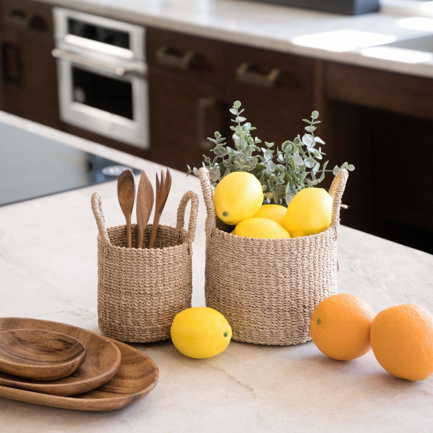 LIKHÂ - Natural Tabletop Mini Basket with Handle Set of 2 - Weave Baskets | LIKHÂ