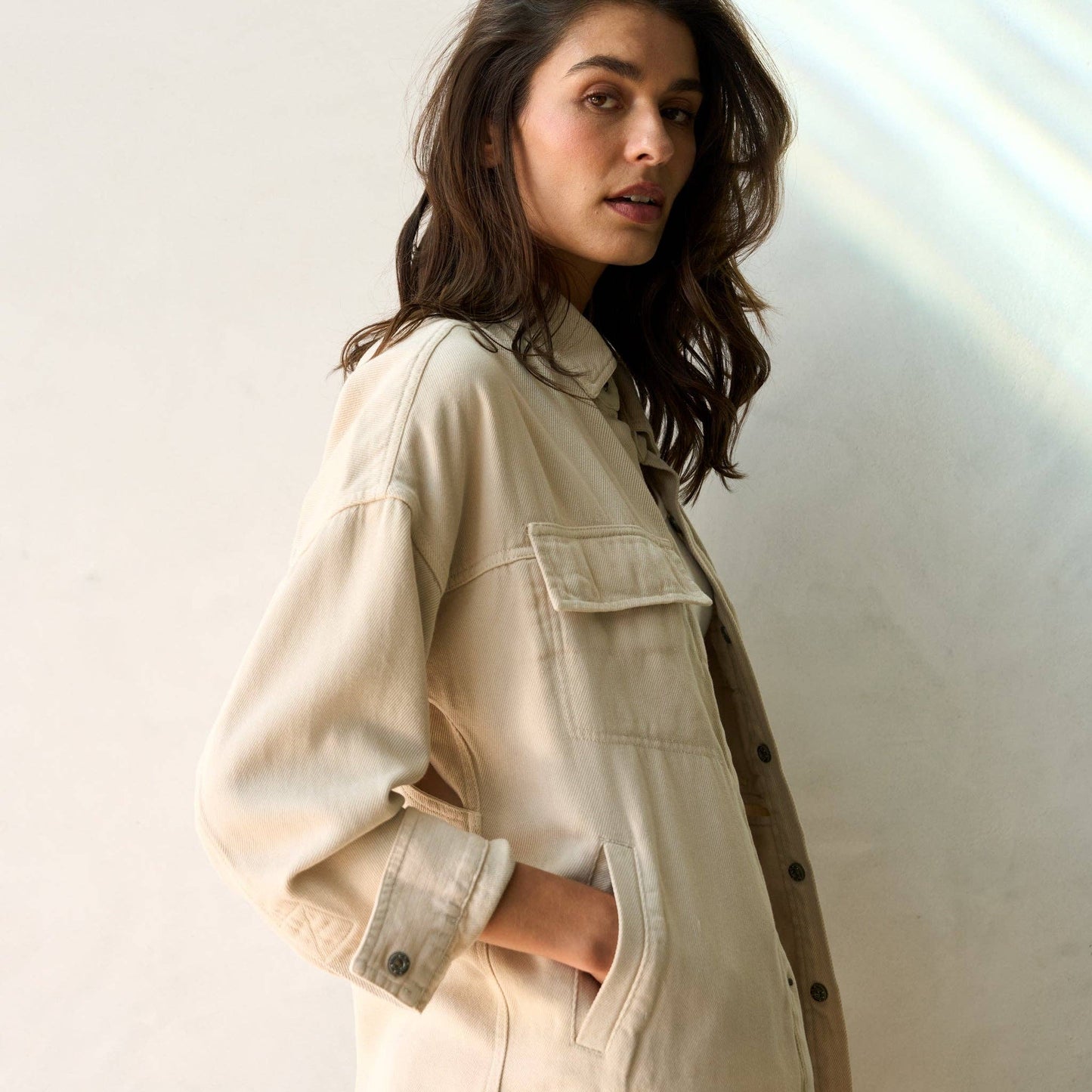 Odette Drape Denim Twill Shirt Jacket in Ecru or Navy