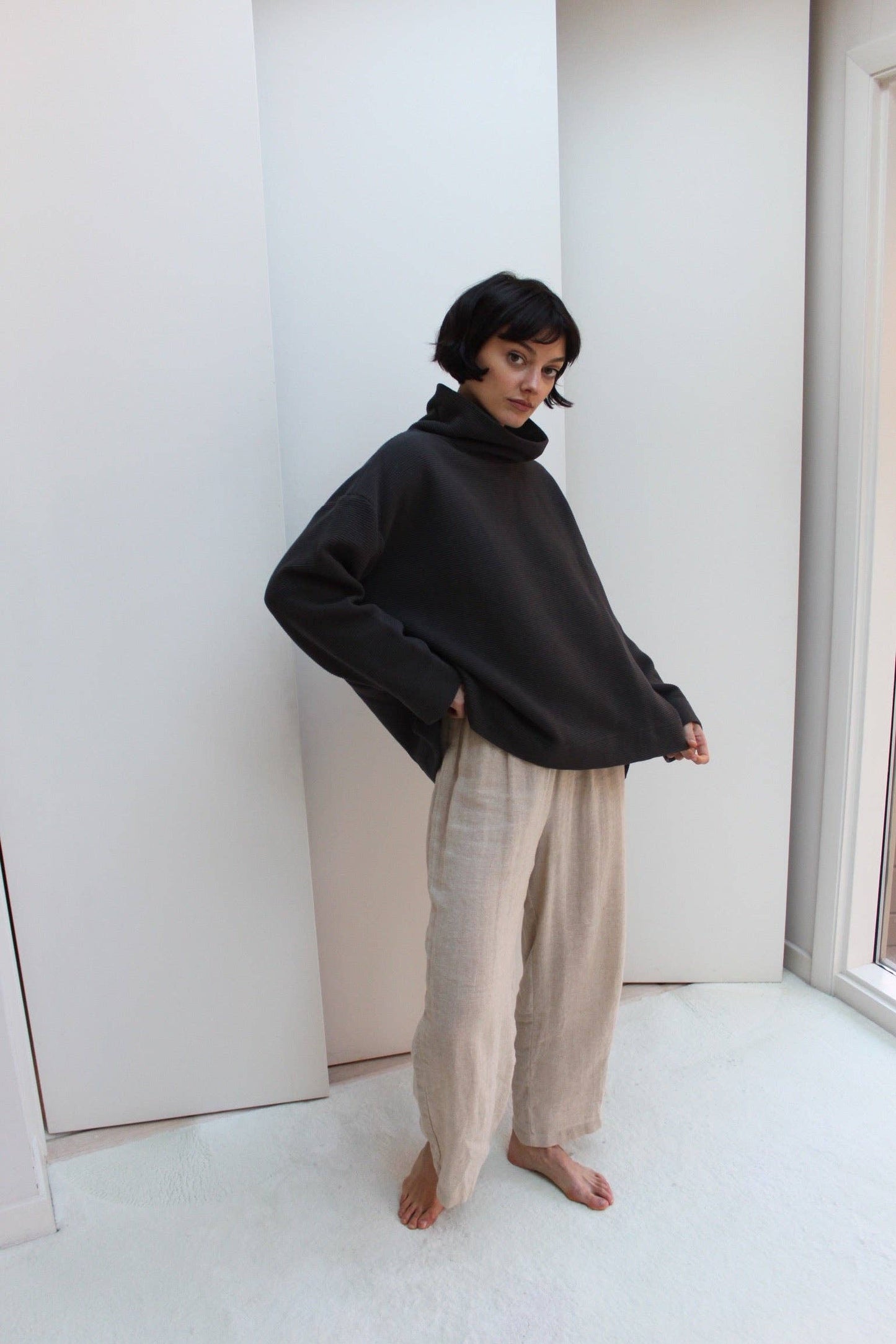 Mia Rippled Cotton Pullover - Cream and Faded Black