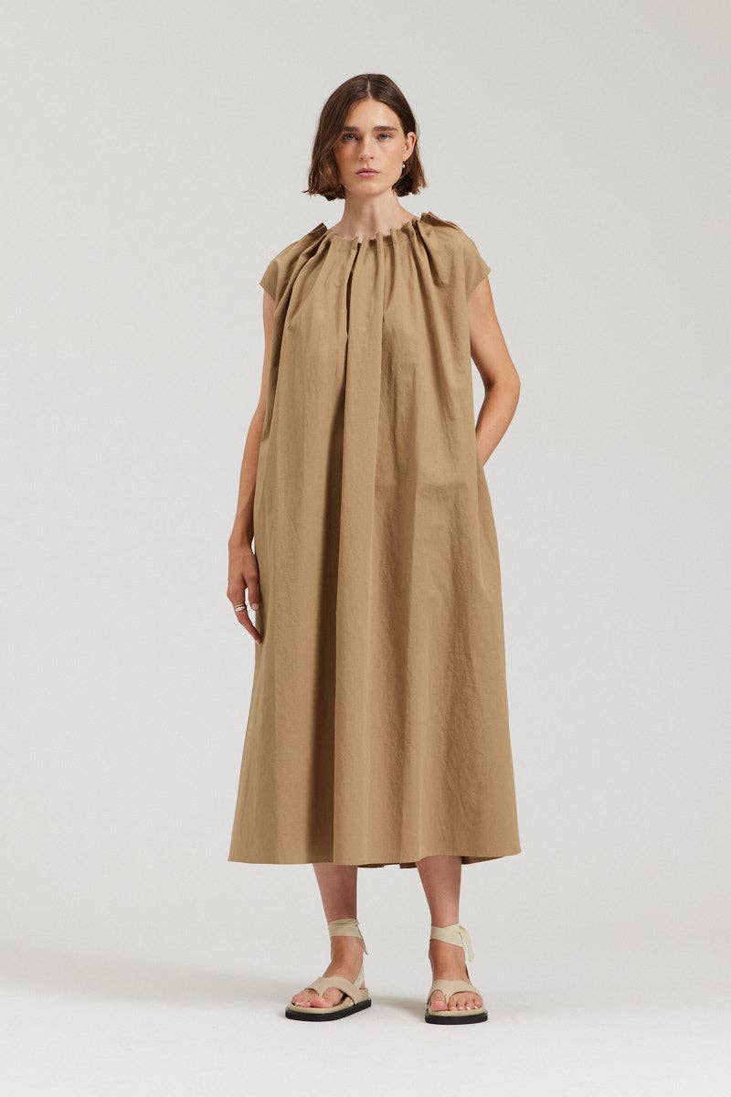 there. elsewhere - Pleated Neckline A-line Dress: Safari / Small/Medium