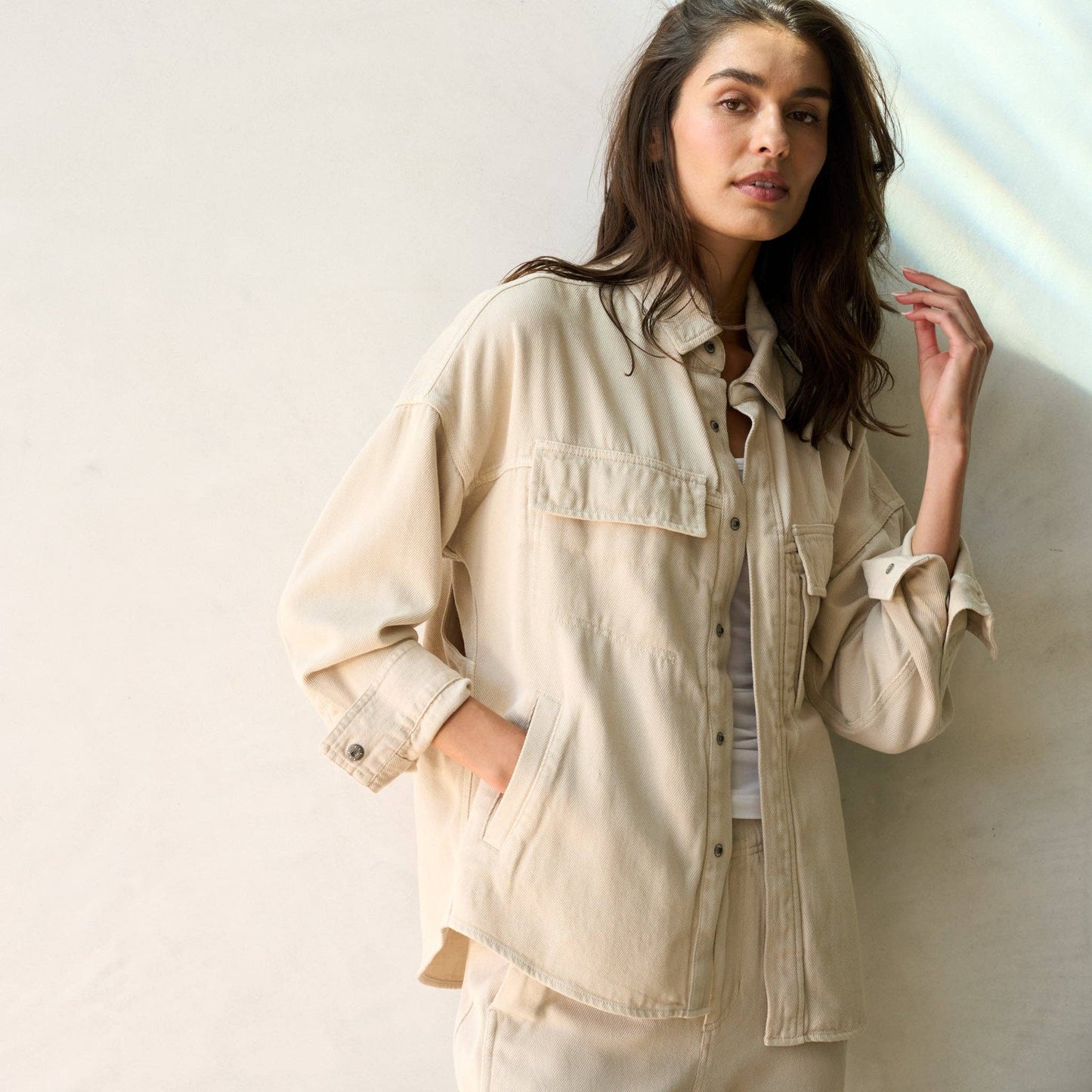 Odette Drape Denim Twill Shirt Jacket in Ecru or Navy