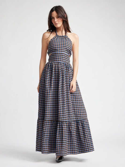 Self Contrast - Isolde Maxi Cut Out Dress: Blue Brown Checkers / M