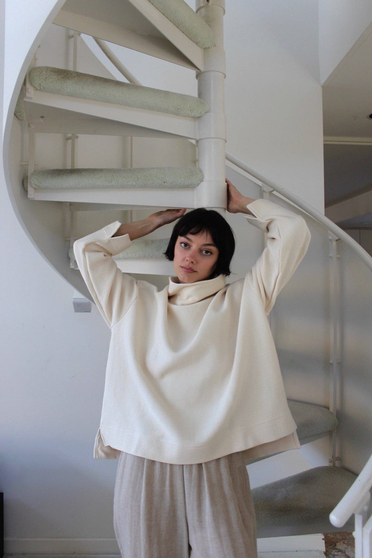 Mia Rippled Cotton Pullover - Cream and Faded Black