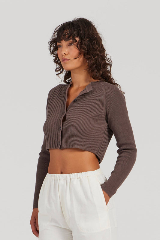 there. elsewhere - Cropped Rib Cardigan: Dry Fig / Small