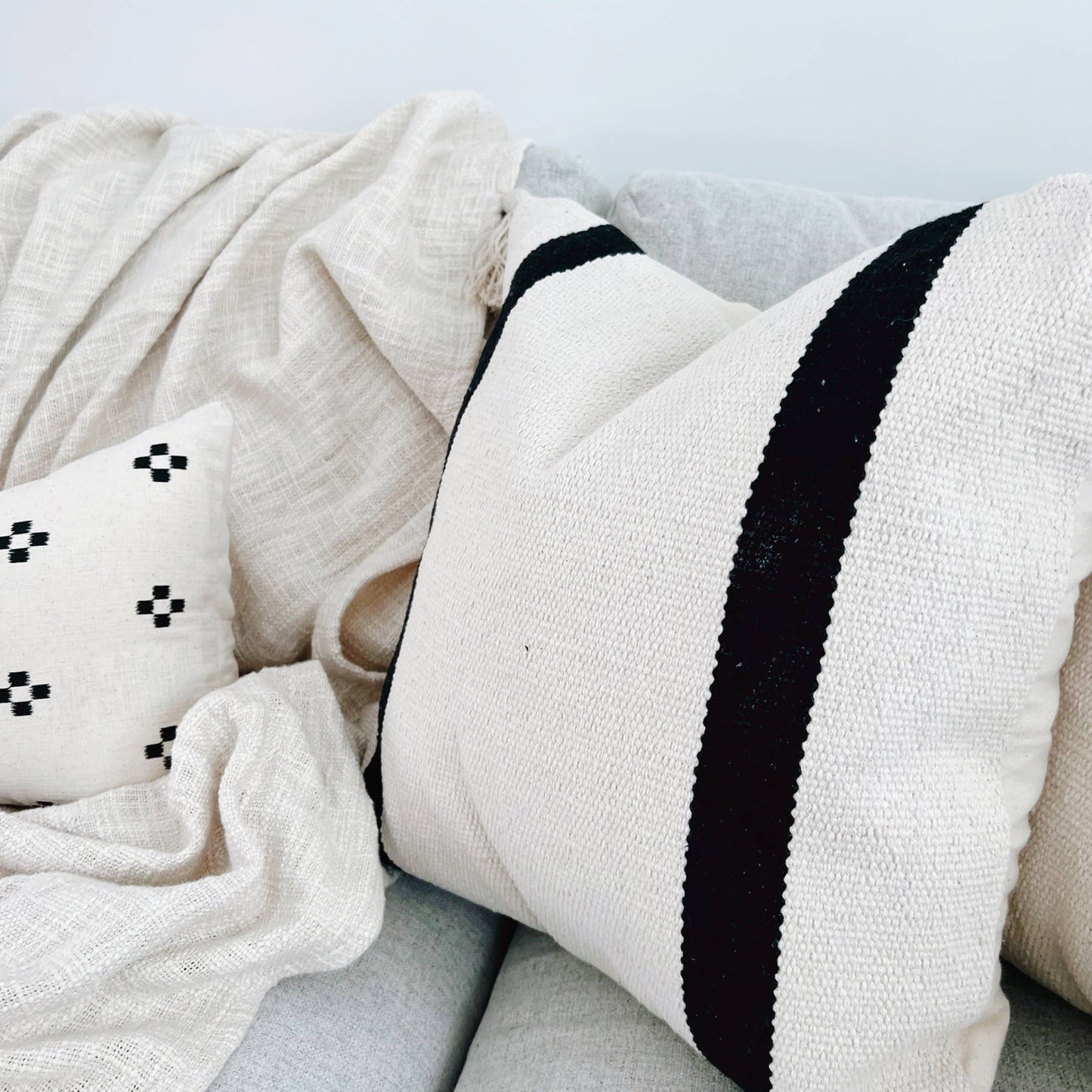 Anema Striped Kilim Pillow Cover with Black Stripe and Down Insert