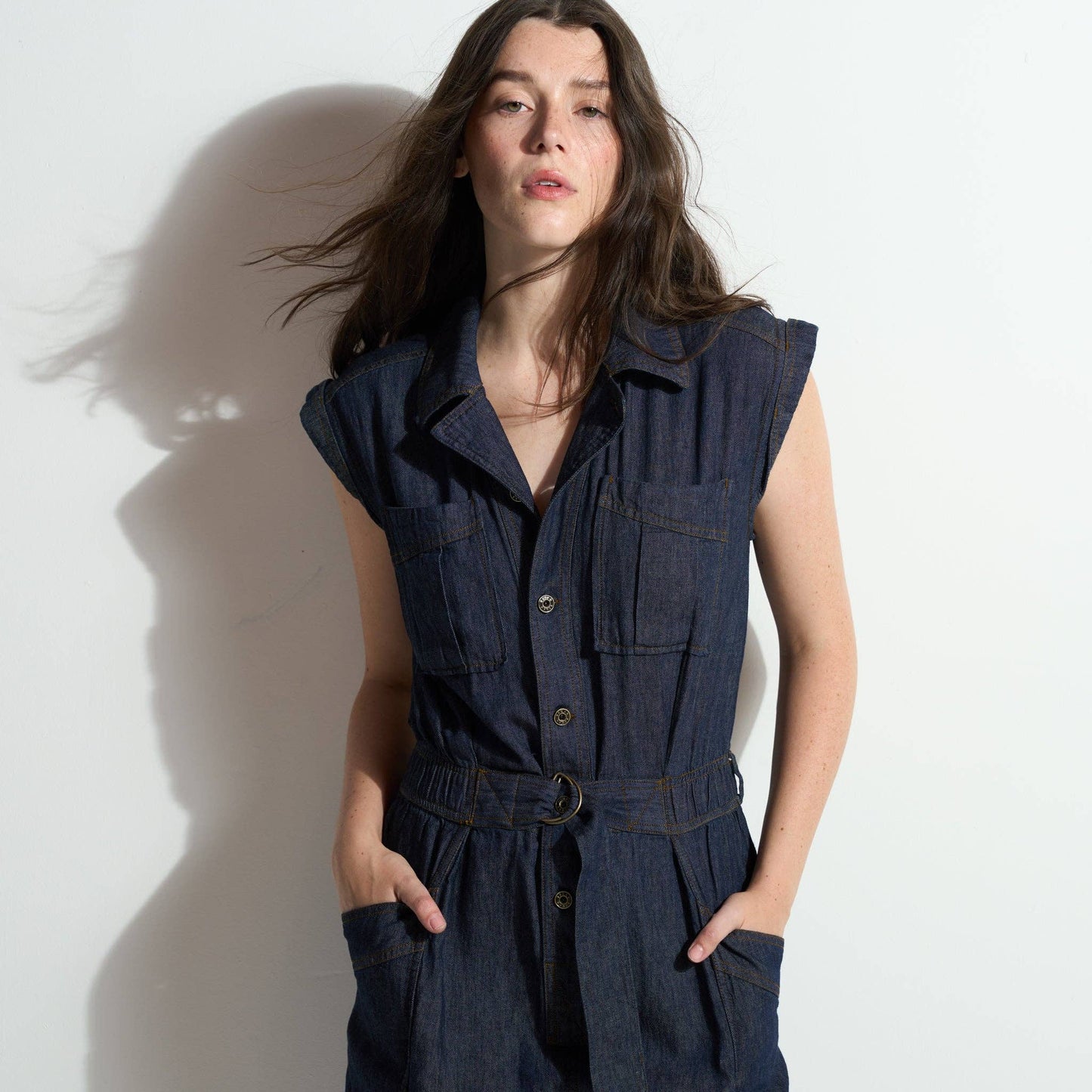 Japanese Fluid Denim Jumpsuit: Raw Indigo / S