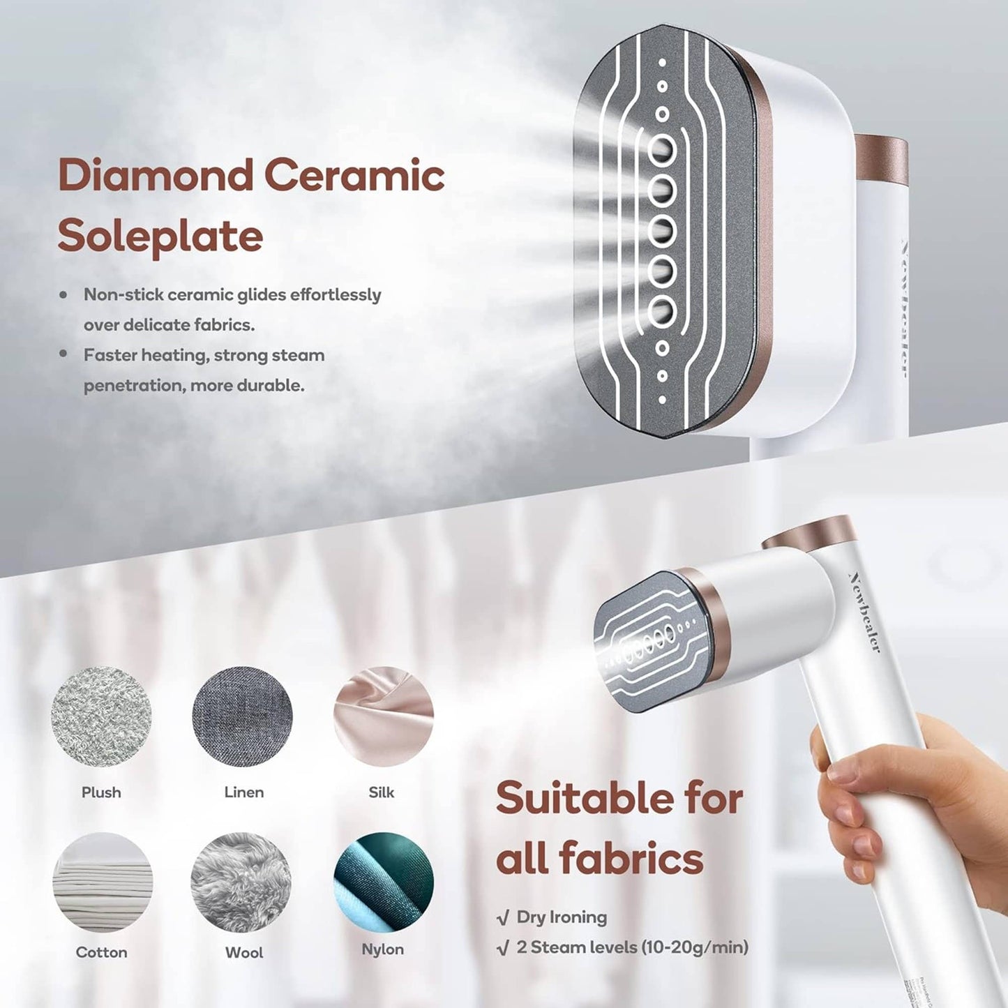 Newbealer - Portable Garment Steamer and Iron, 2 Steam Modes