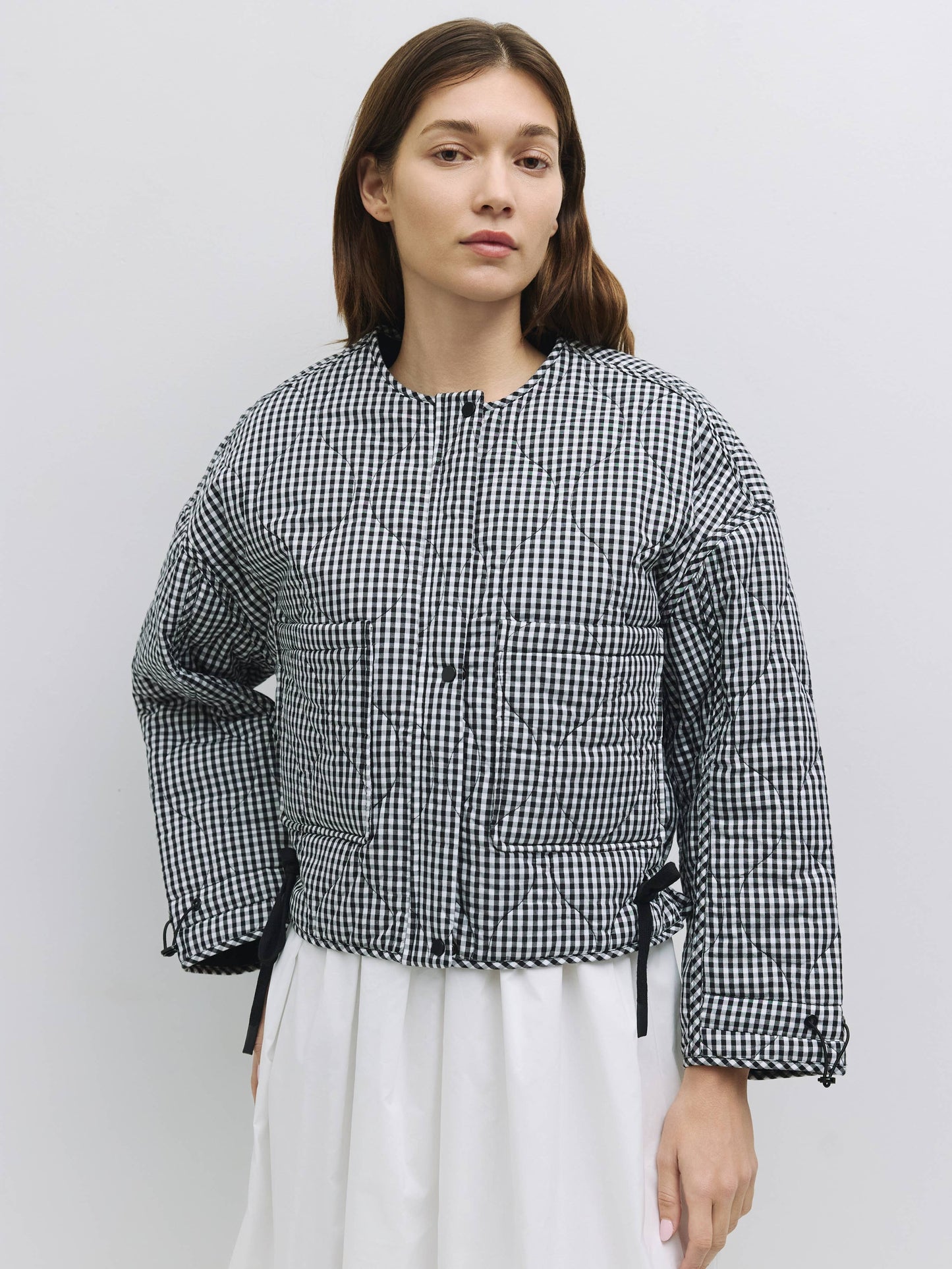 Quilted Gingham Cotton Cropper Jacket: Black / LARGE