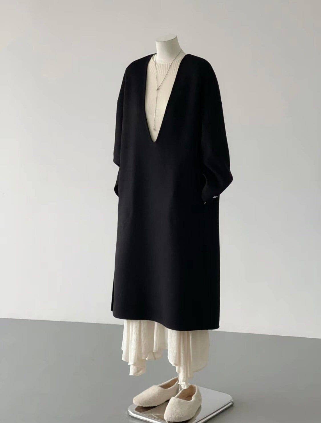 Soul Minimalist V-neck Wool Coat / Dress - Black