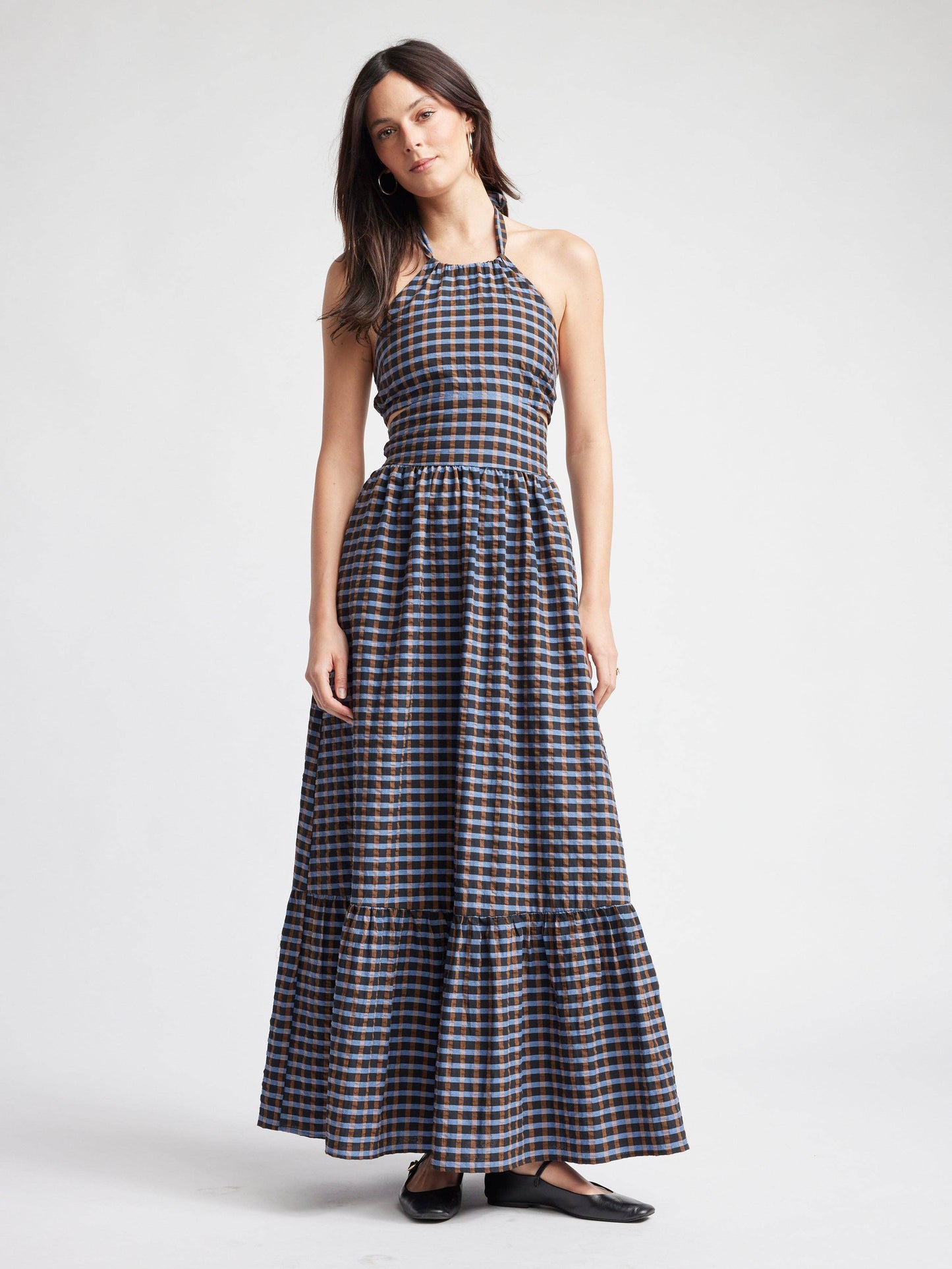 Self Contrast - Isolde Maxi Cut Out Dress: Blue Brown Checkers / M