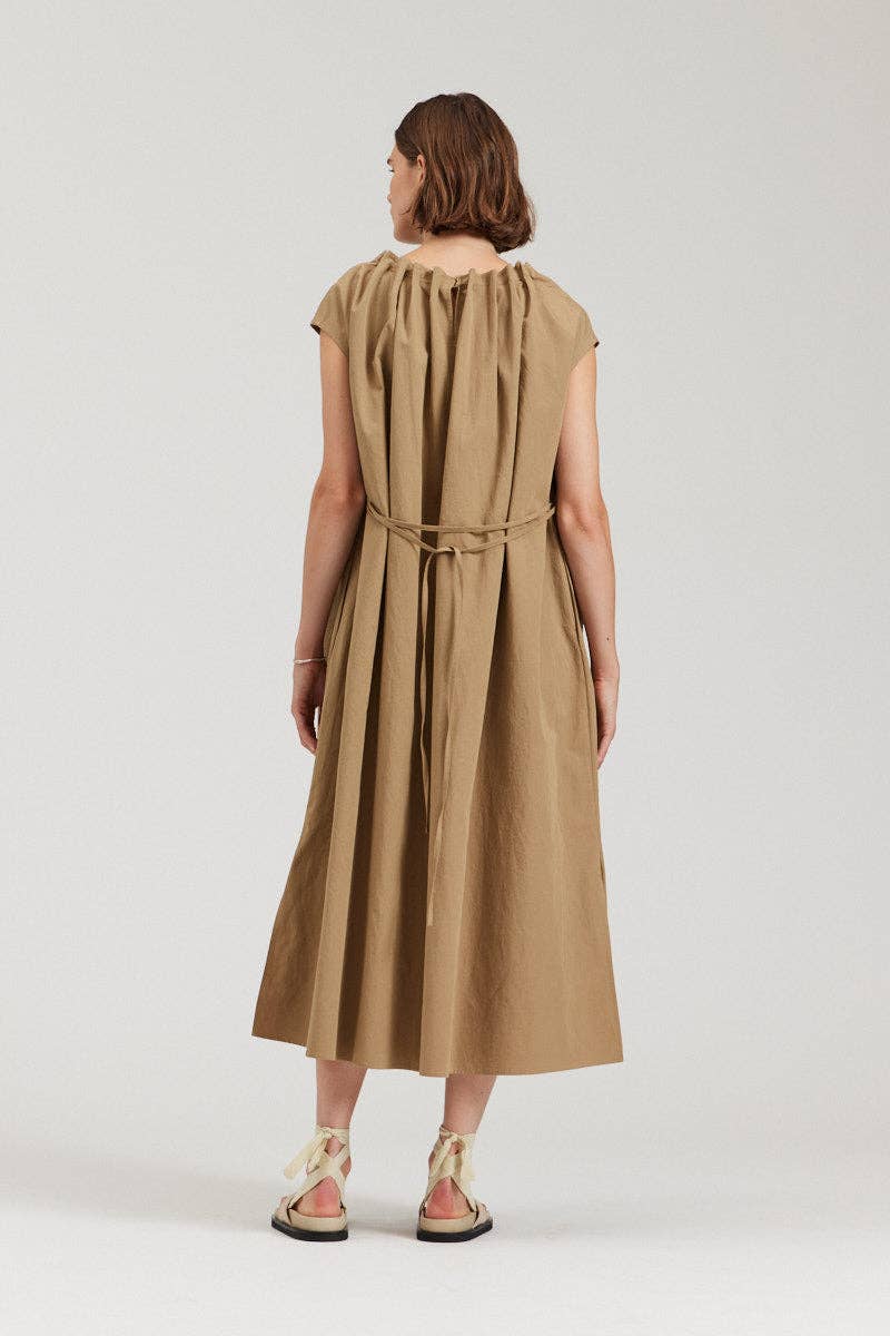 there. elsewhere - Pleated Neckline A-line Dress: Safari / Small/Medium