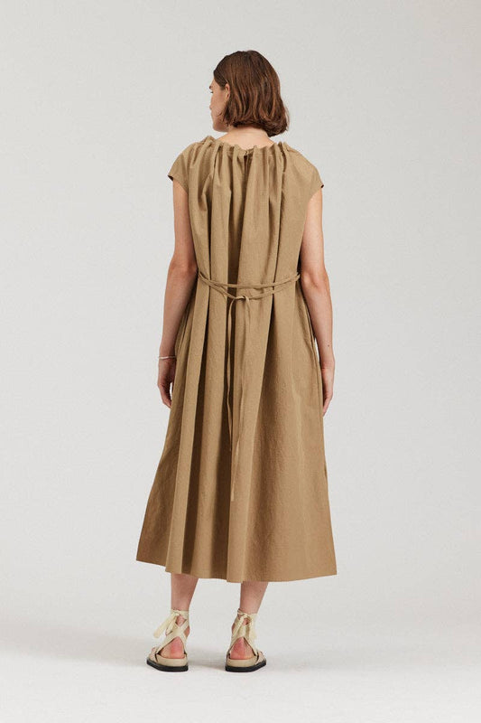 there. elsewhere - Pleated Neckline A-line Dress: Safari / Small/Medium