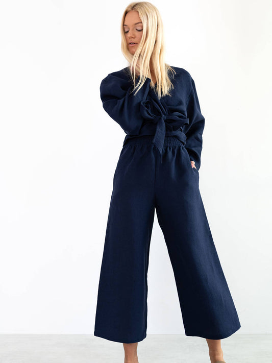 Rikkah Wide Leg Pants in Indigo Linen