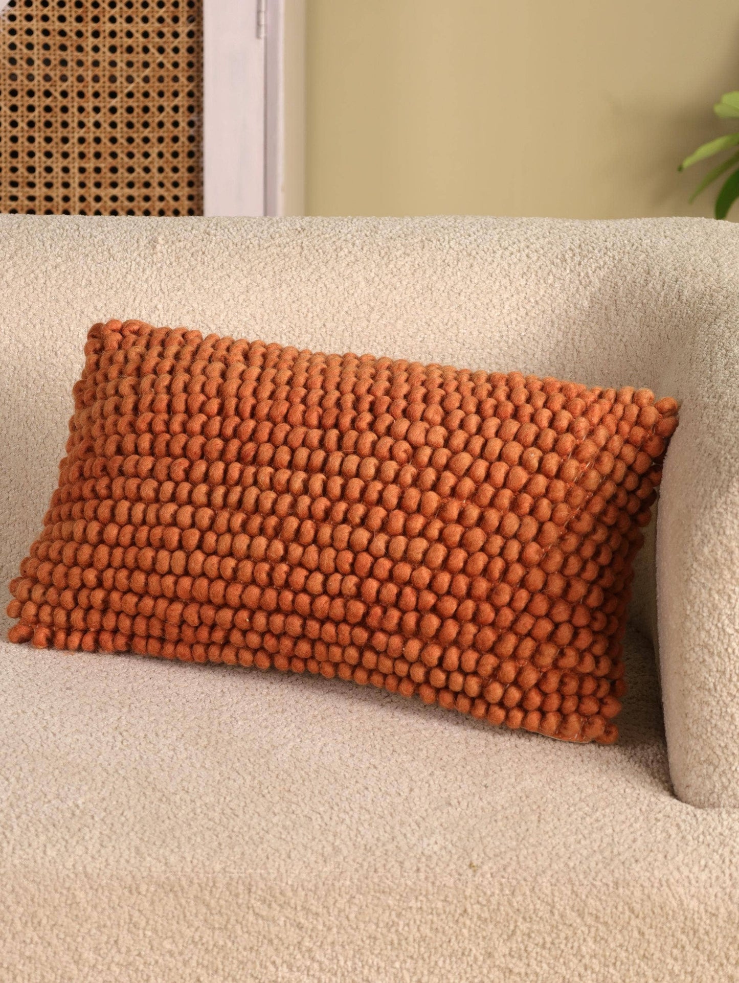 Handmade Rust Wool Lumbar Pillow | 12x20 Textured Cushion : With pillow insert