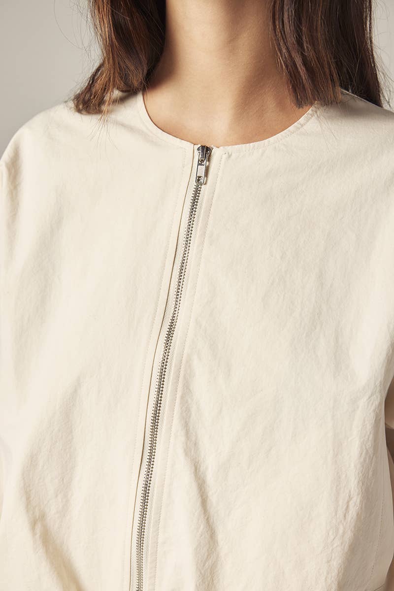 Ecru Zip Bomber Jacket Ecru Cotton  / Solid / XS/S