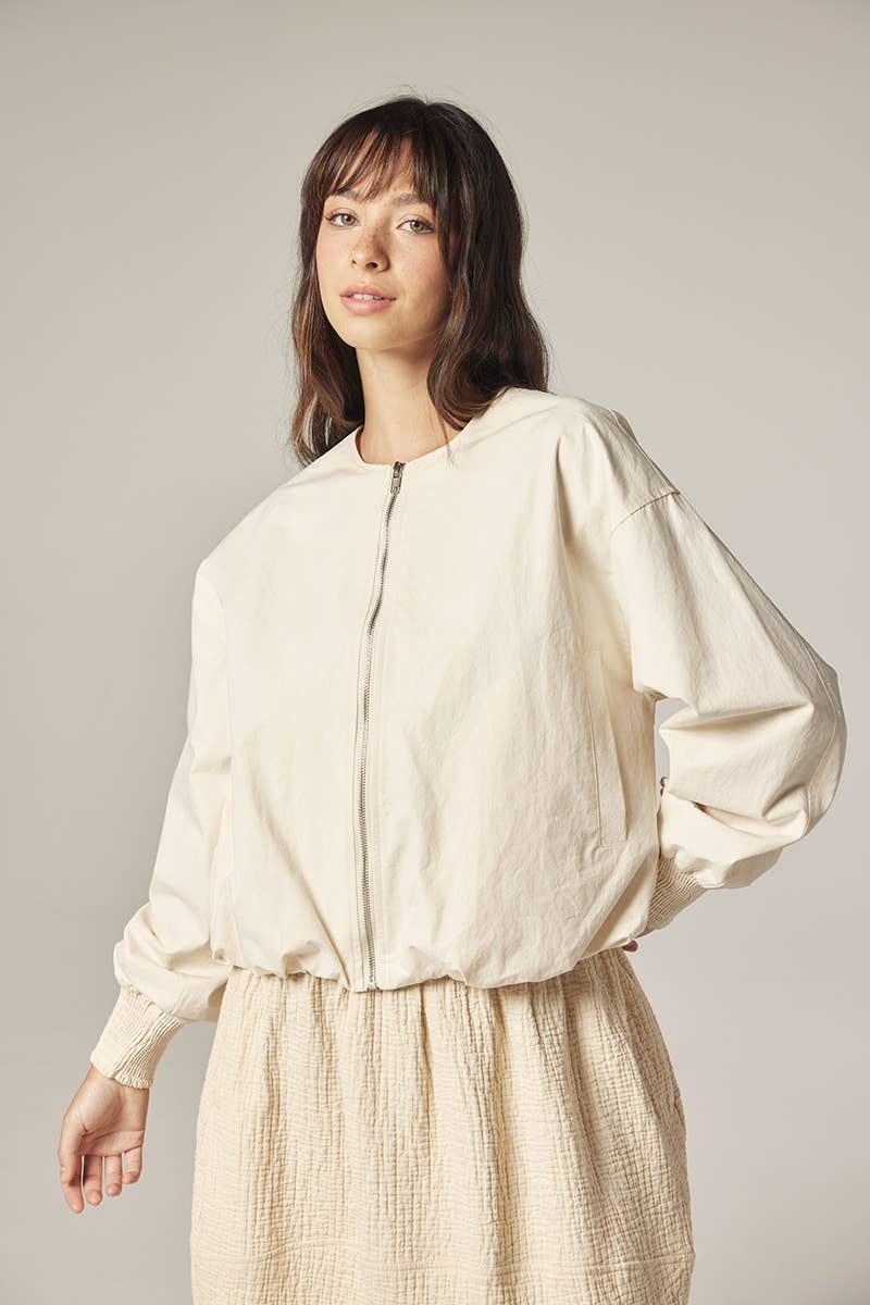 Ecru Zip Bomber Jacket Ecru Cotton  / Solid / XS/S