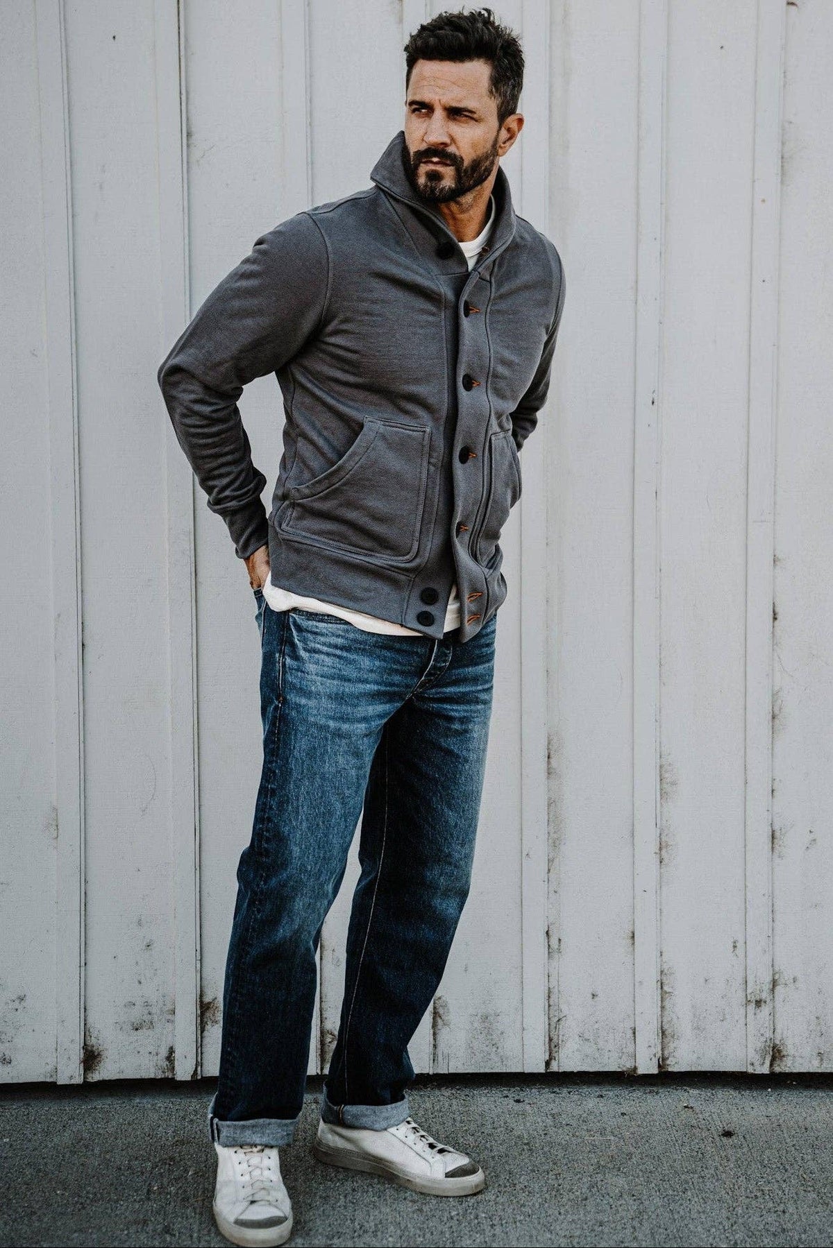 Men | Bodega Cardigan | 14oz 100% Cotton French Terry - Pebble