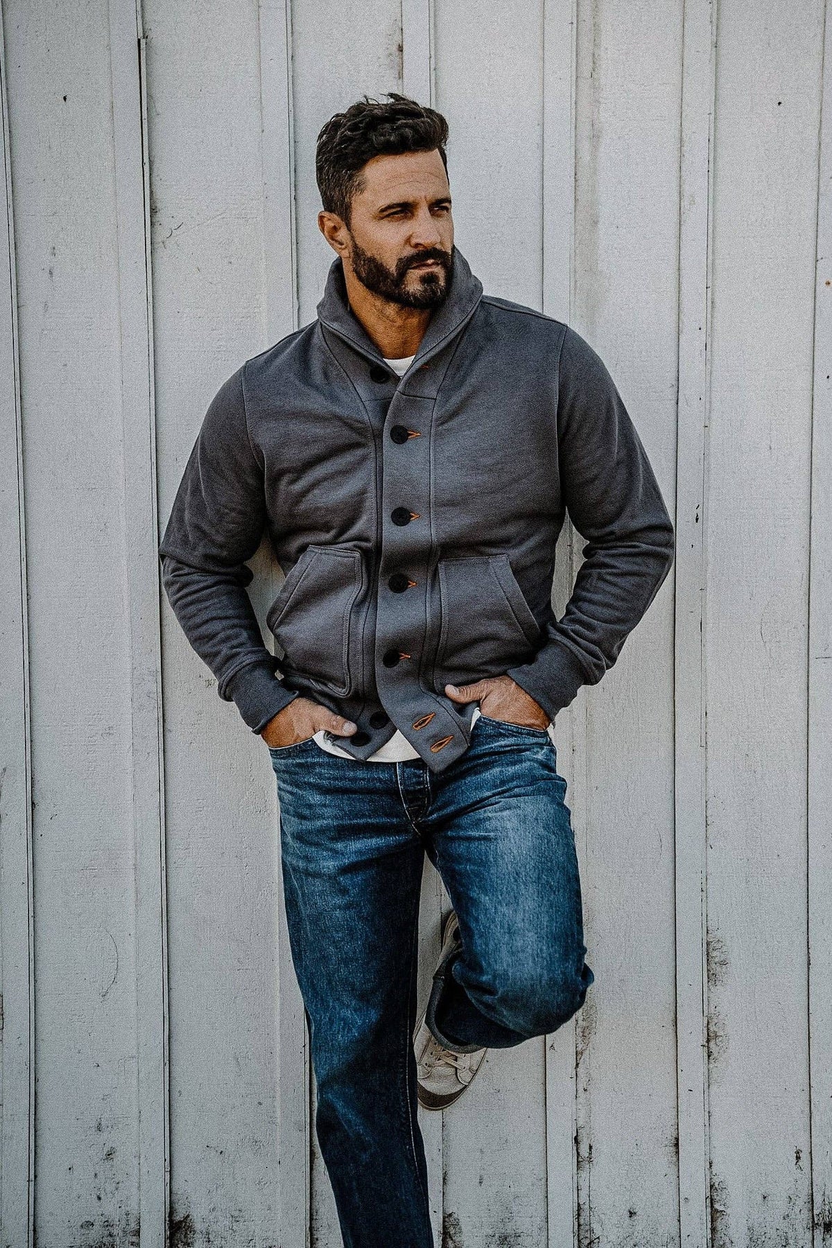Men | Bodega Cardigan | 14oz 100% Cotton French Terry - Pebble