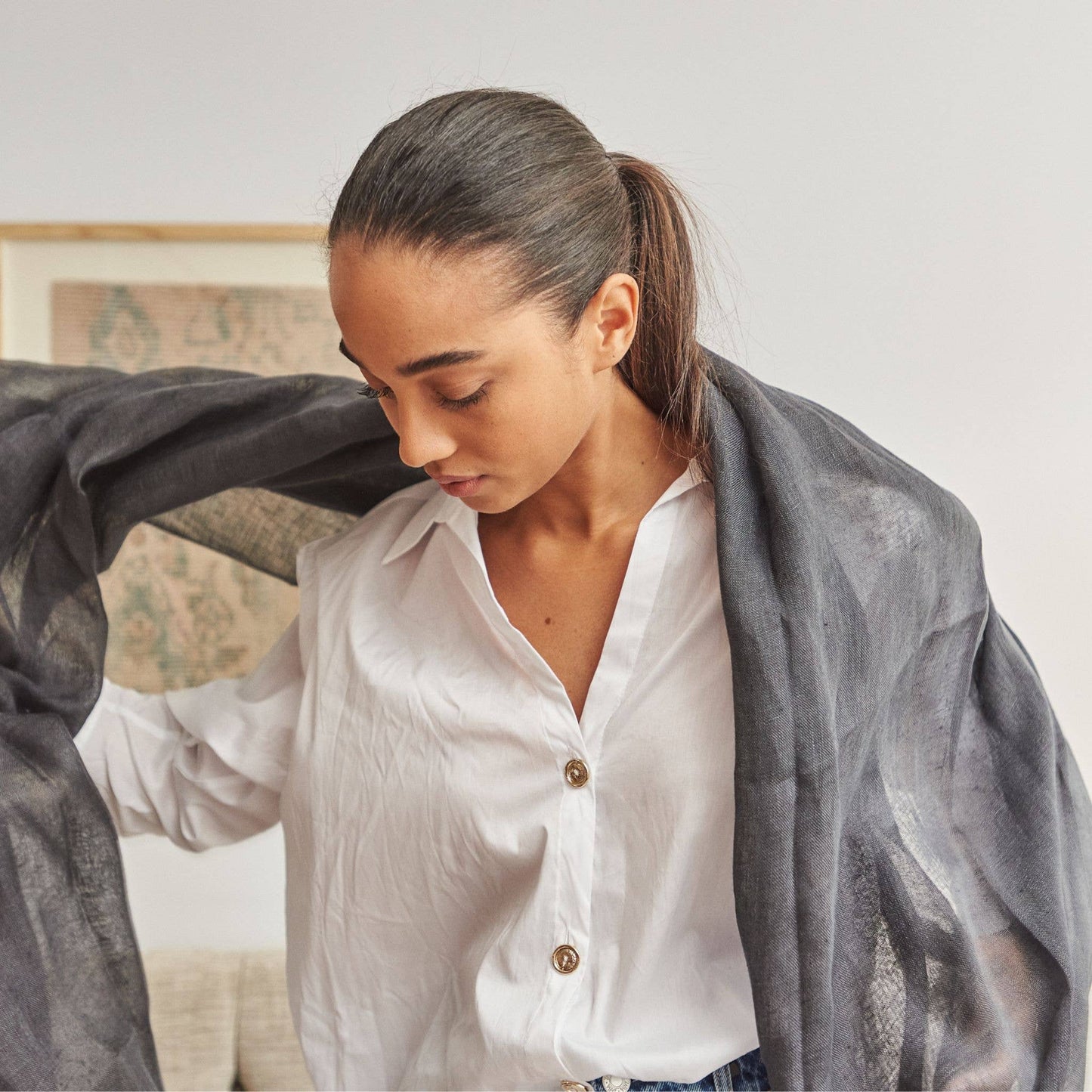 MIdnight Gray Linen Silk Handwoven Scarf: