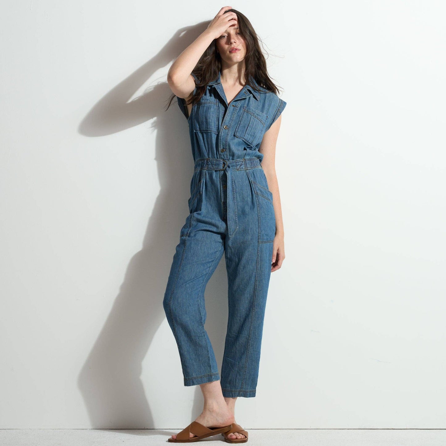 Japanese Fluid Denim Jumpsuit: Raw Indigo / S