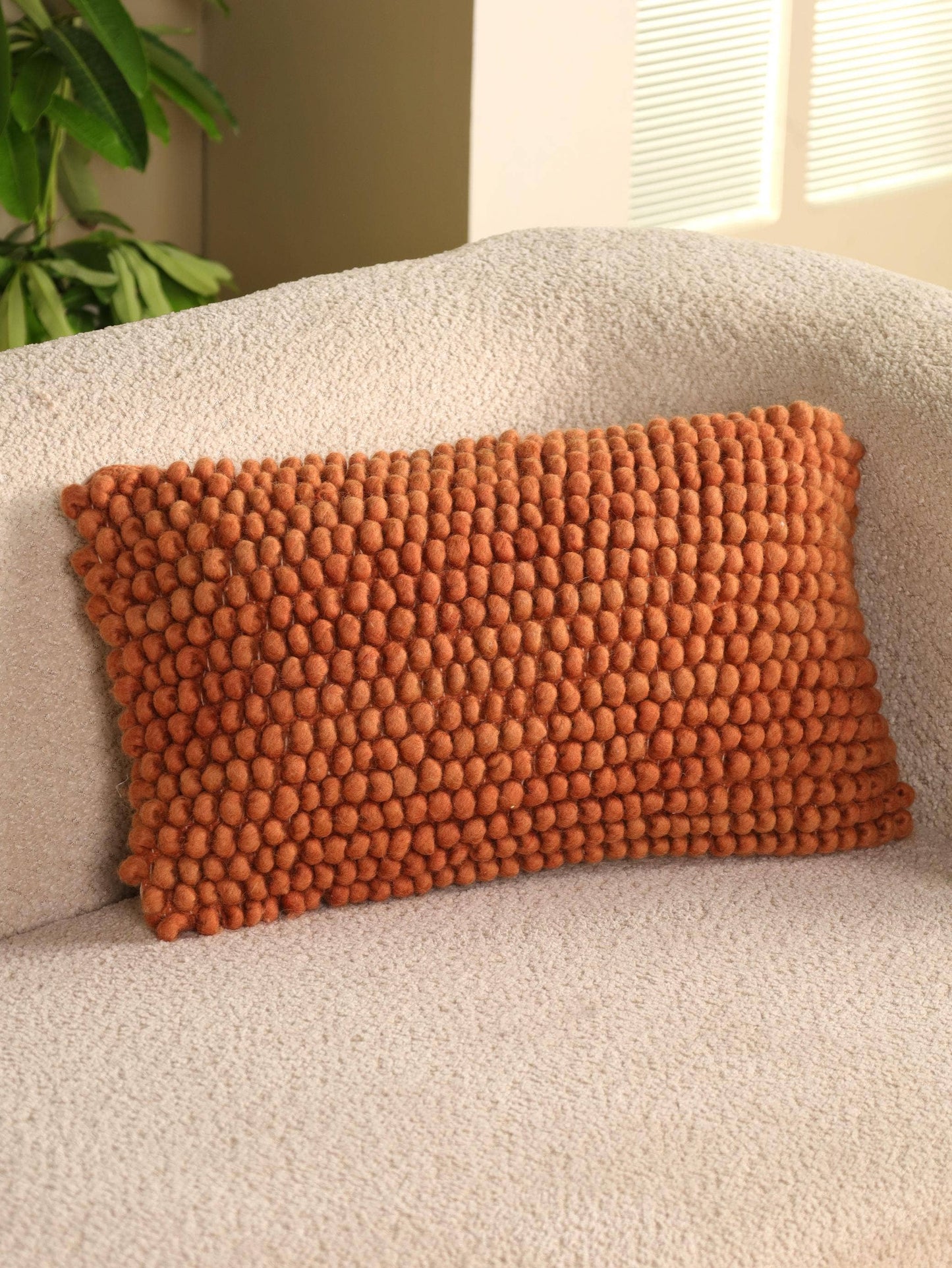 Handmade Rust Wool Lumbar Pillow | 12x20 Textured Cushion : With pillow insert