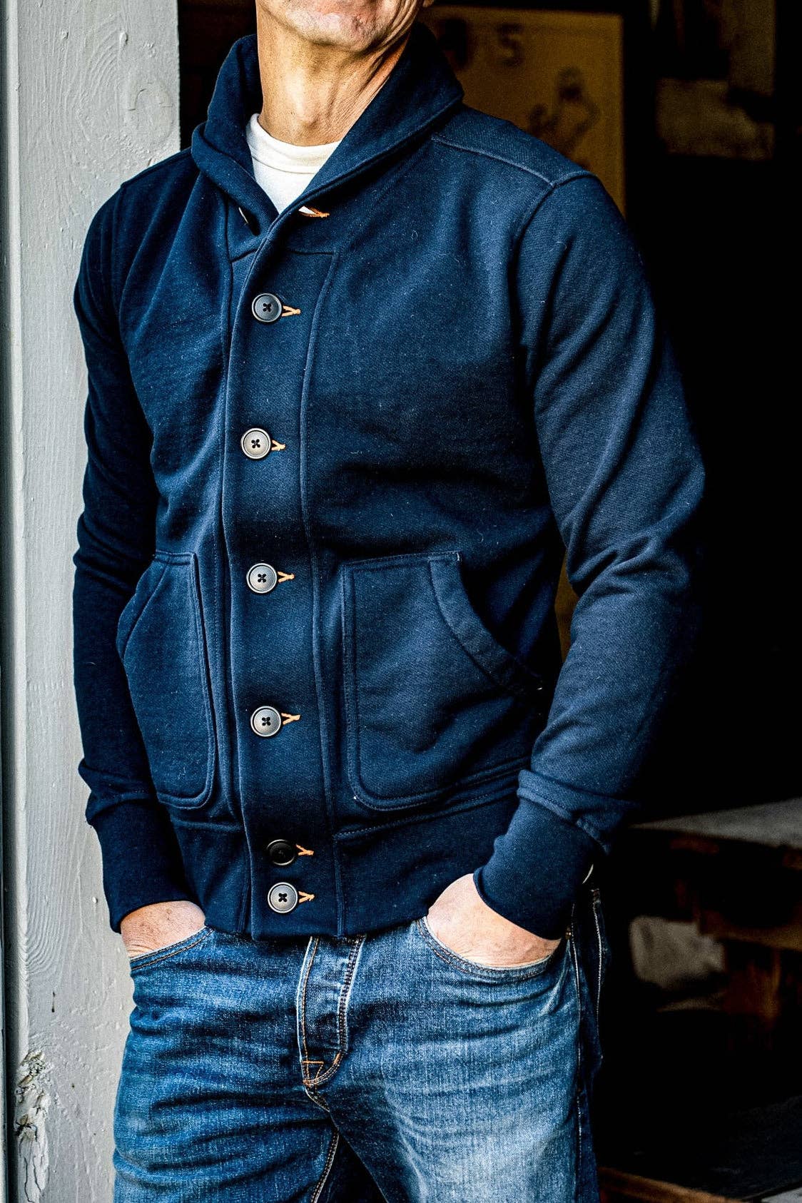 WiesMade - Men | Bodega Cardigan | 14oz 100% Cotton French Terry - Navy: Navy / L
