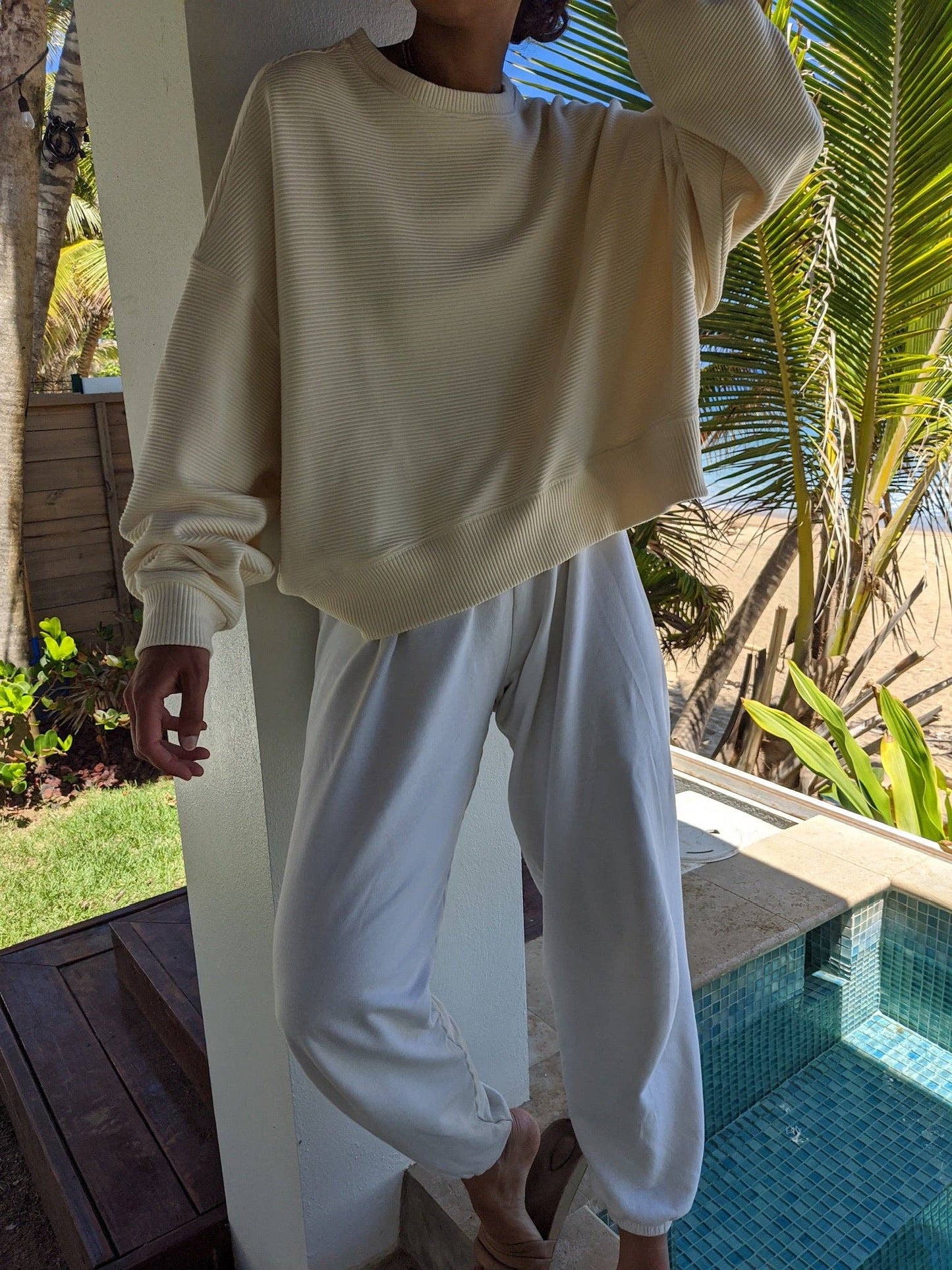 Marley Rippled Cotton Cropped Sweatshirt: Ecru or Onyx