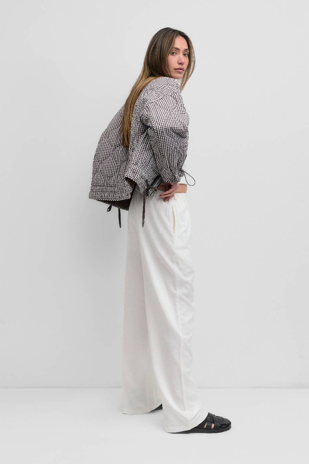 Quilted Gingham Cotton Cropper Jacket: Black / LARGE