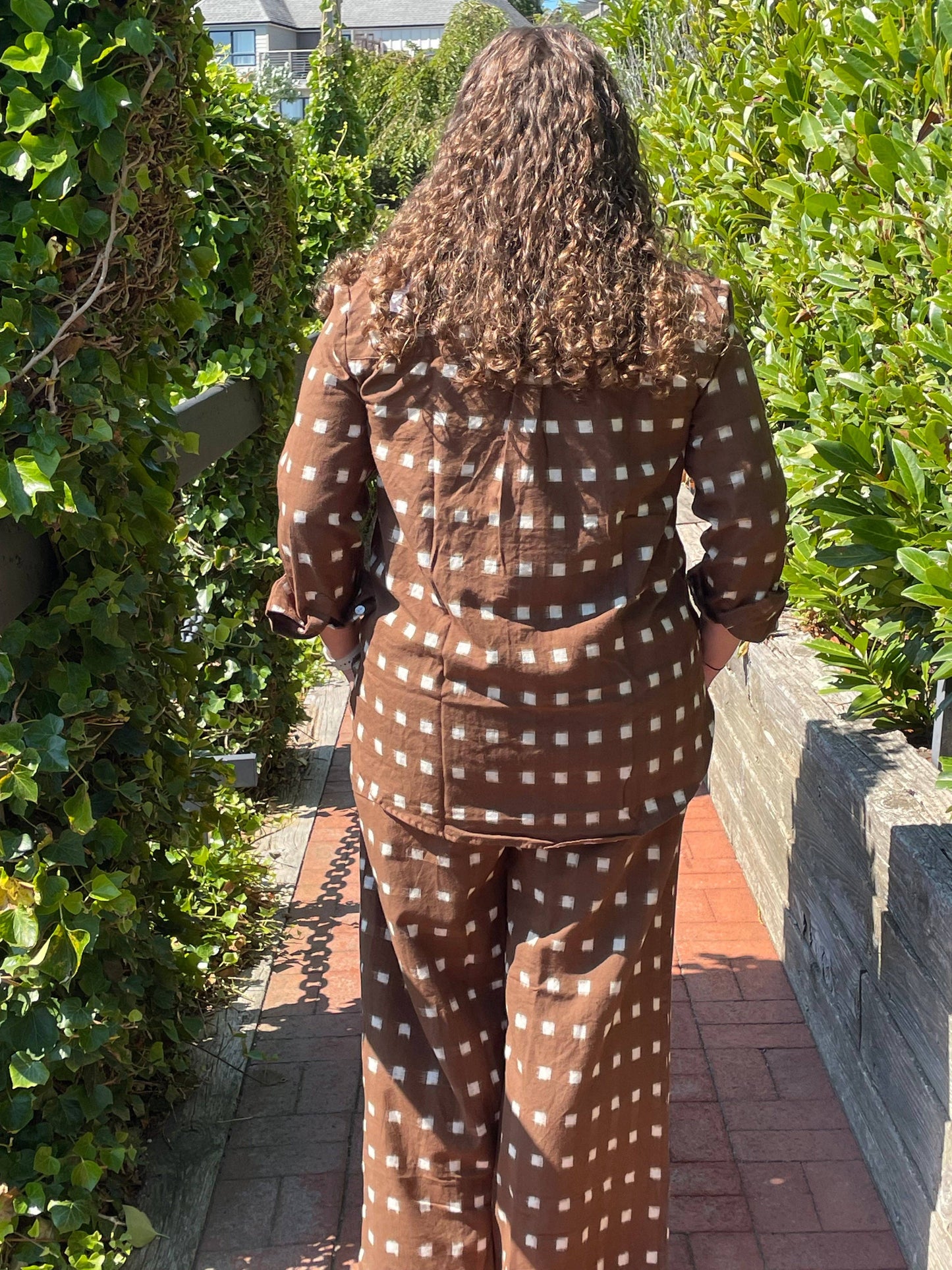 and for Good - Good Boyfriend Shirt with Mandarin Collar - Ikat Squares Mocha: Mocha / L/XL