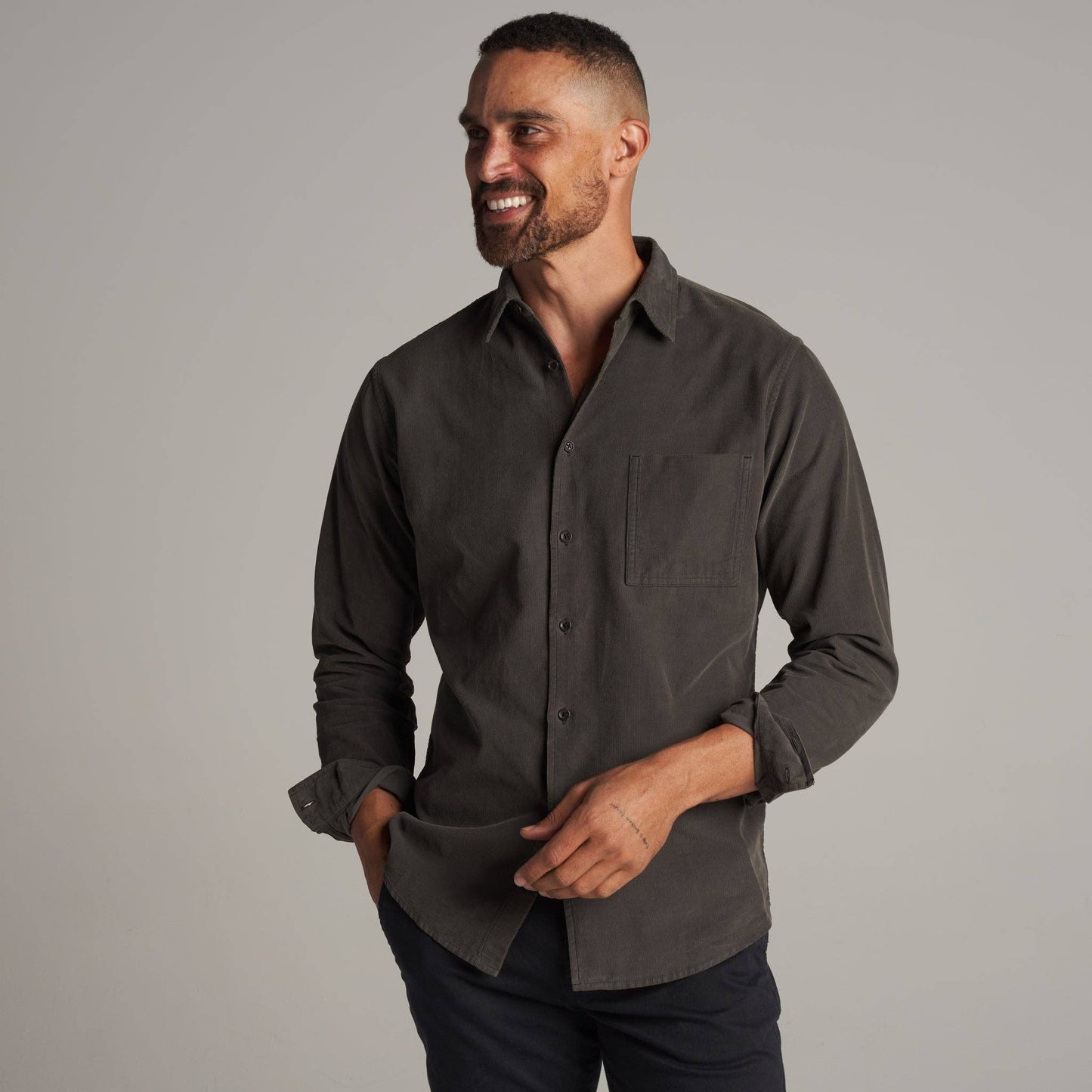 Nobel Fine Wale Cord Button Down Shirt: Color Cinder