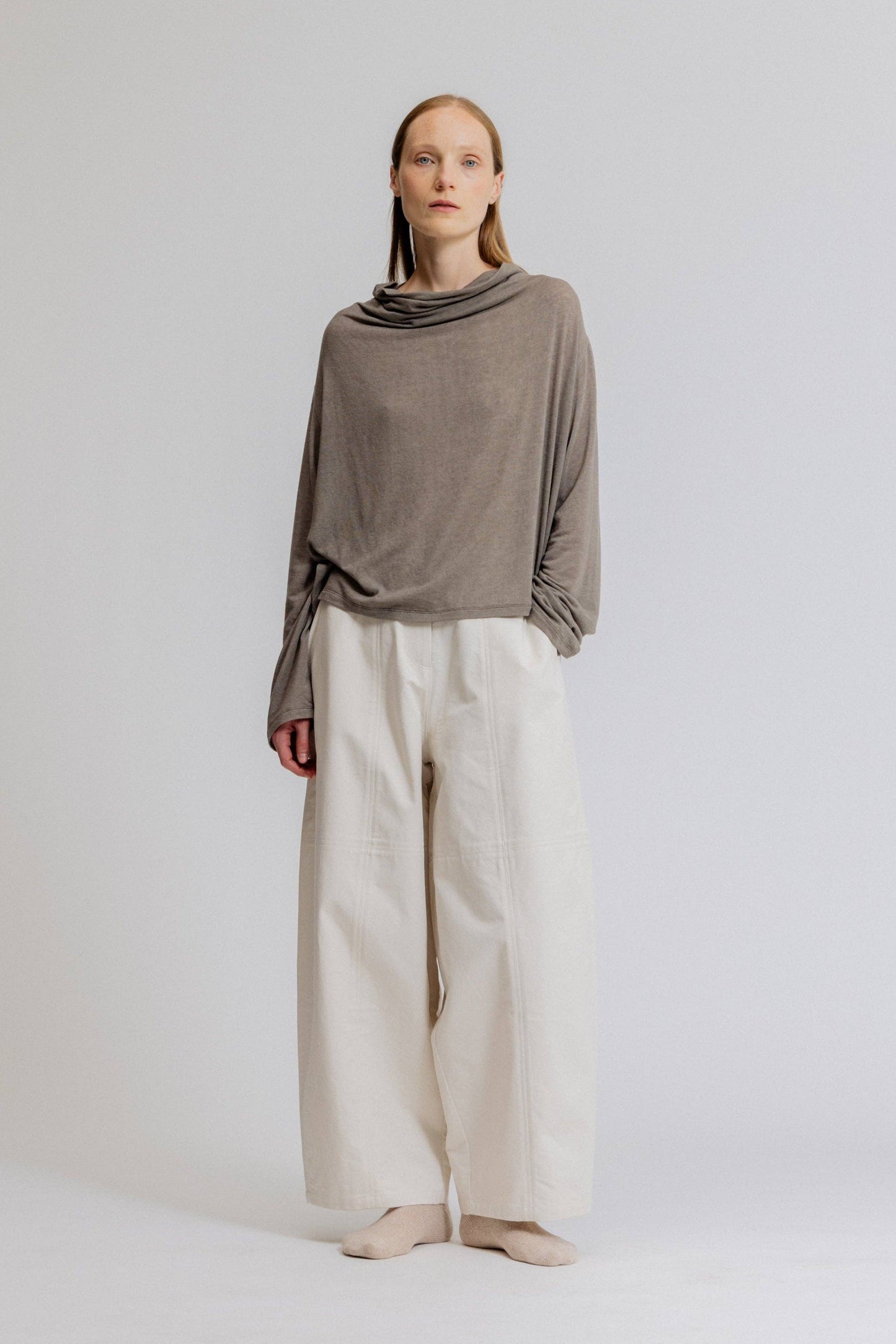 Draped Funnel Neck Stretch Jersey Top: Haze