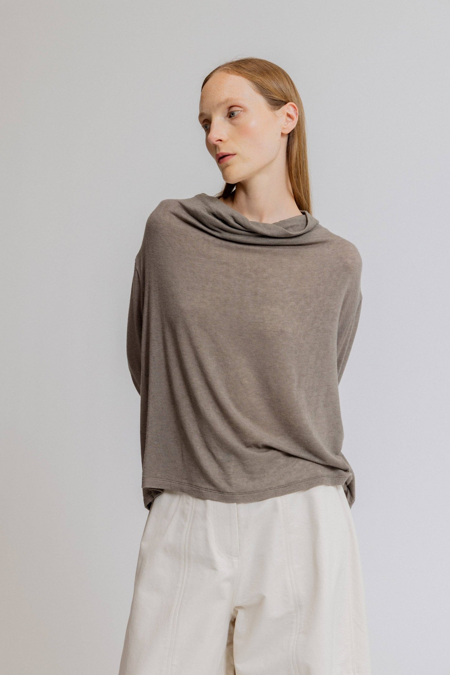 Draped Funnel Neck Stretch Jersey Top: Haze