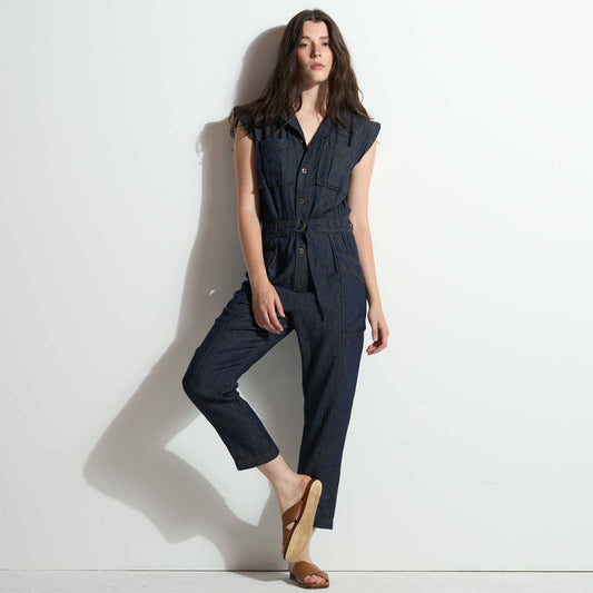 Japanese Fluid Denim Jumpsuit: Raw Indigo / S